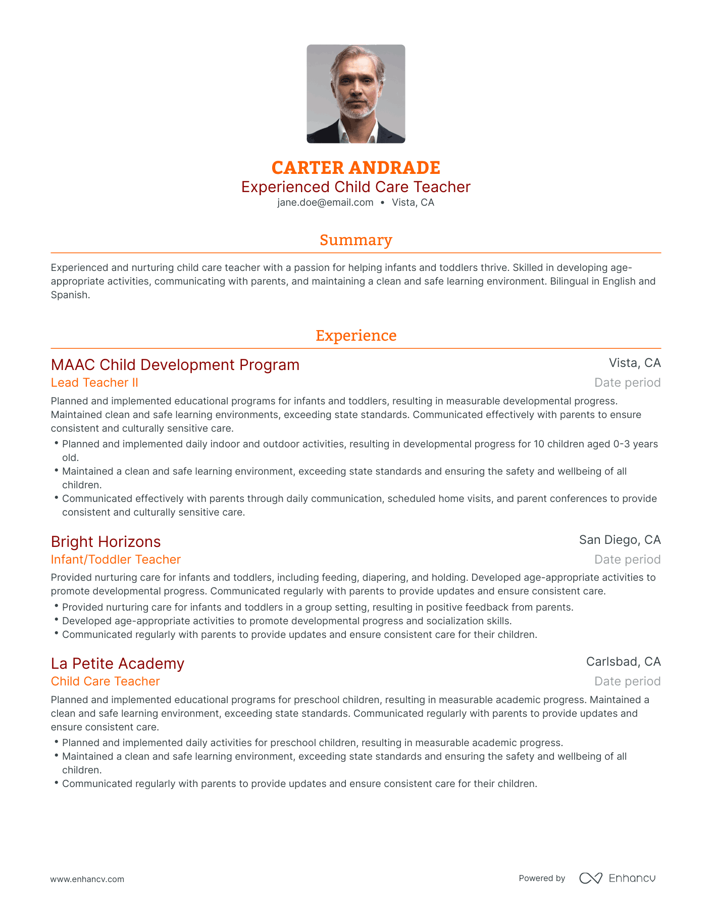 Traditional Child Care Teacher Resume Template