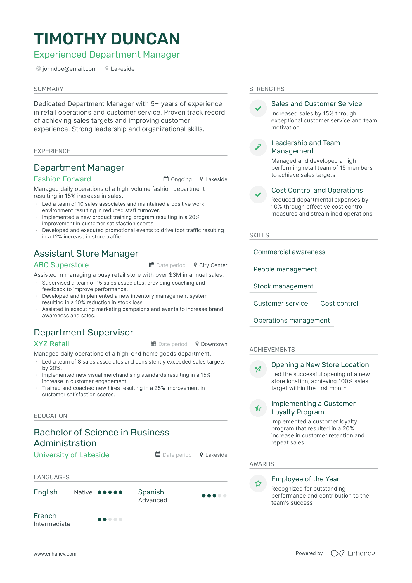 Modern Department Manager Resume Template