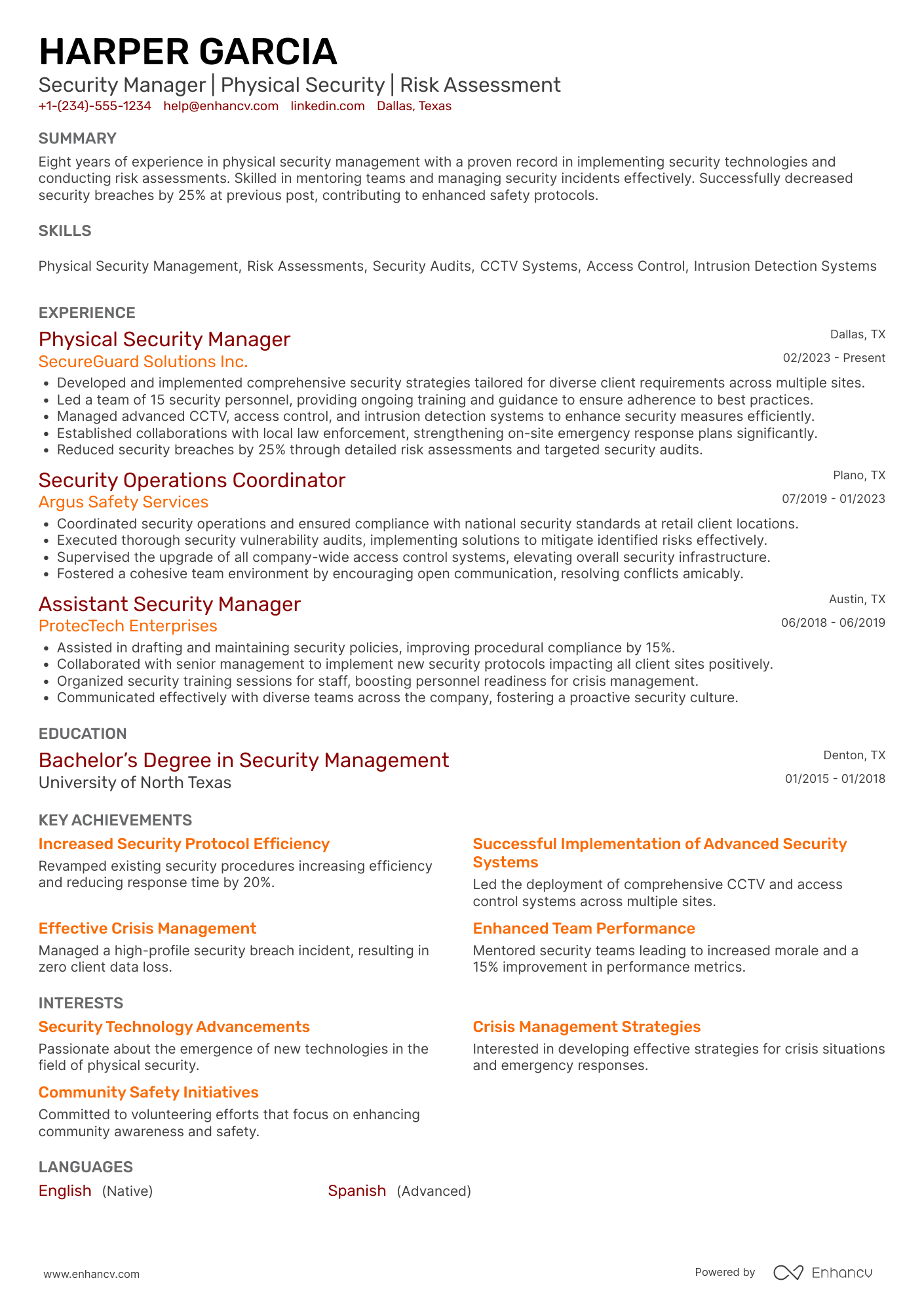 A resume example of a Physical Security Manager