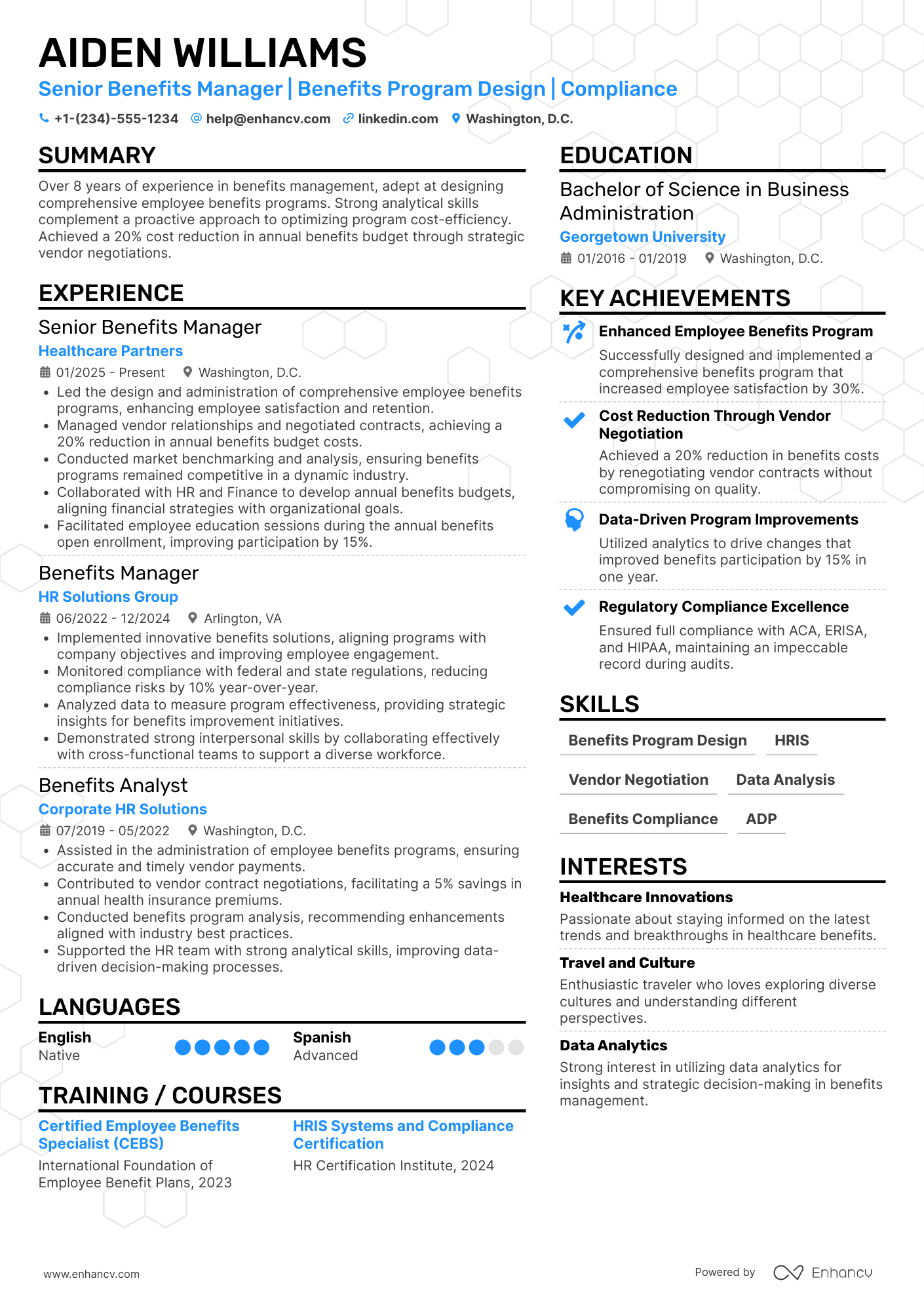 A resume example of a Senior Benefits Manager