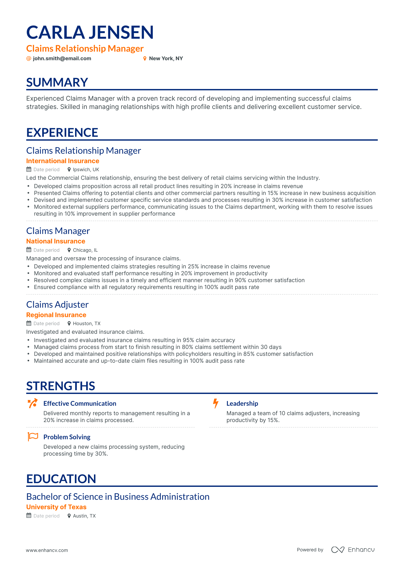 Classic Claims Manager Resume Template