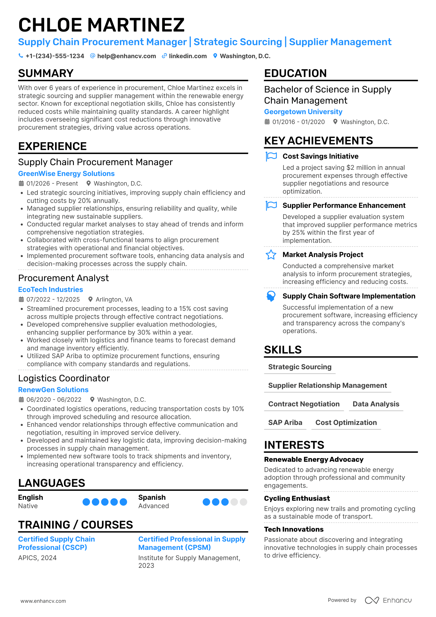 A resume example of a Supply Chain Procurement Manager