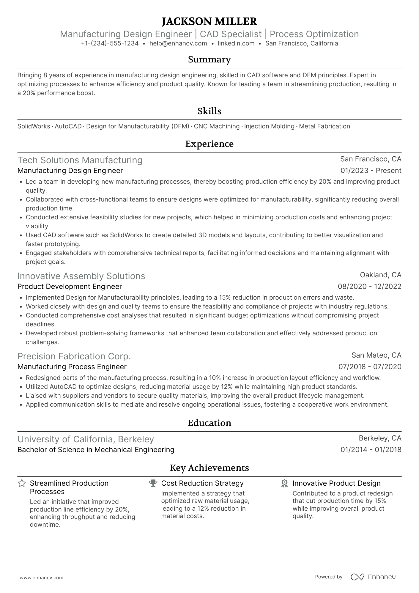 A resume example of a Manufacturing Design Engineer