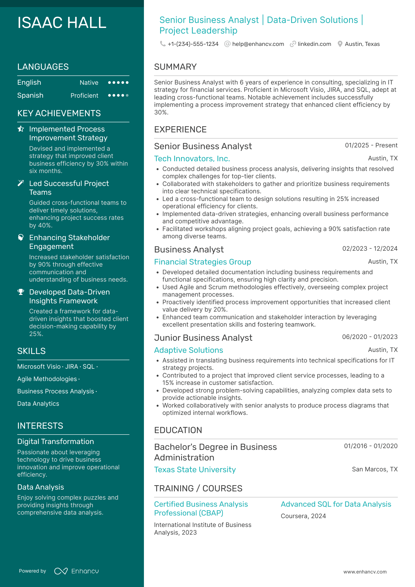 A resume example of a Accenture Senior Business Analyst