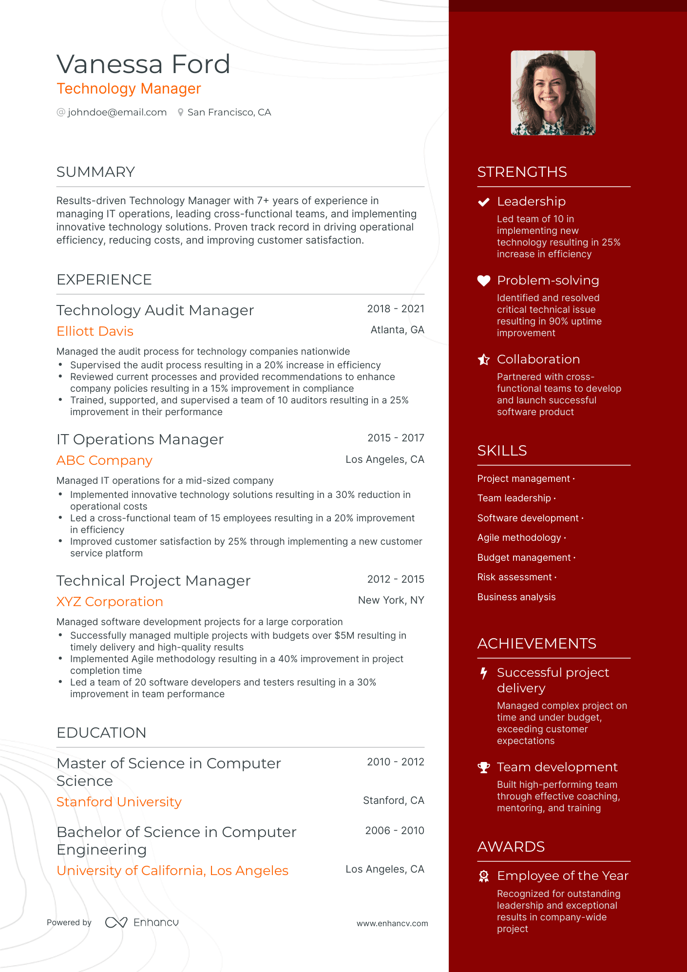 One Page Technology Manager Resume Template