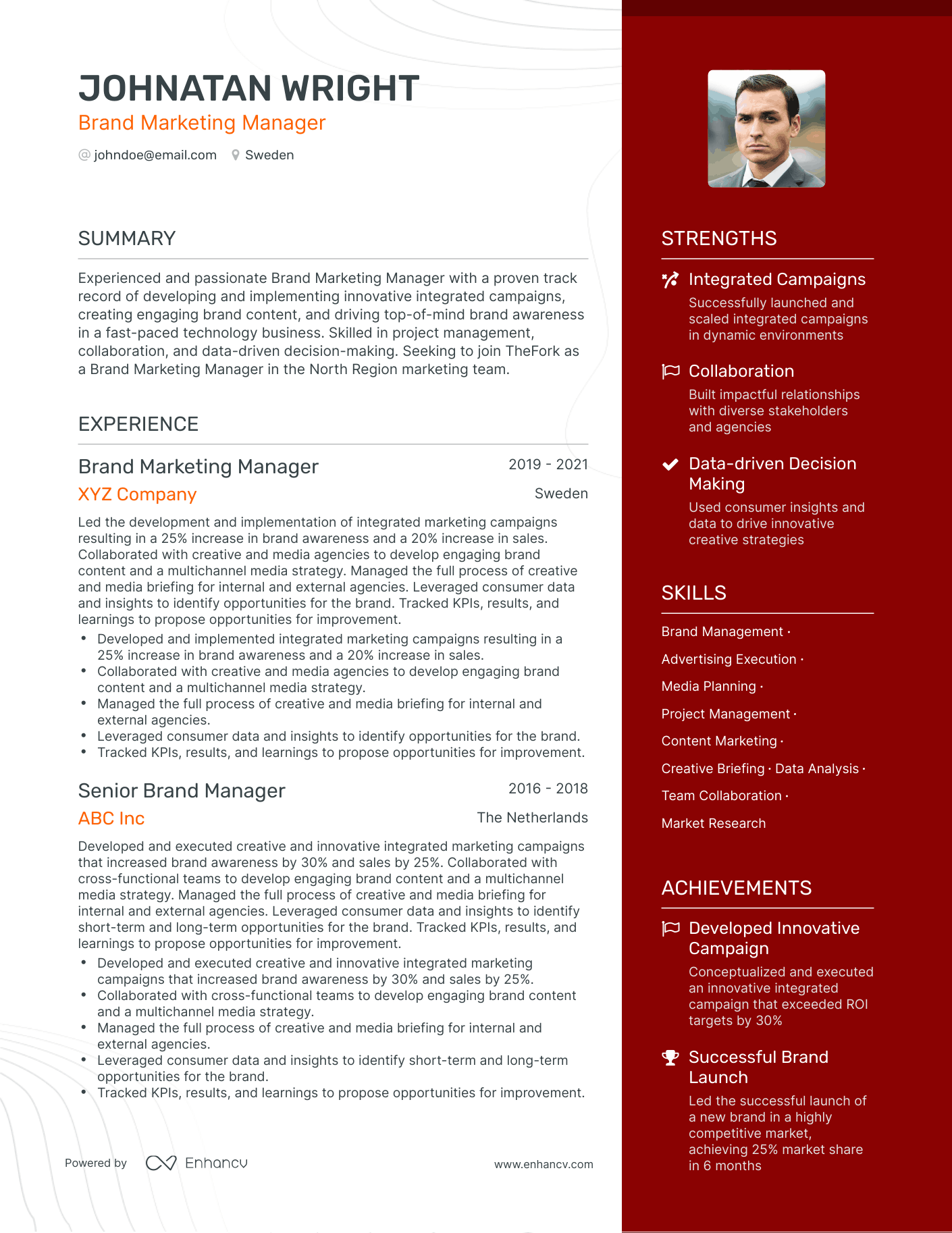 One Page Brand Marketing Resume Template