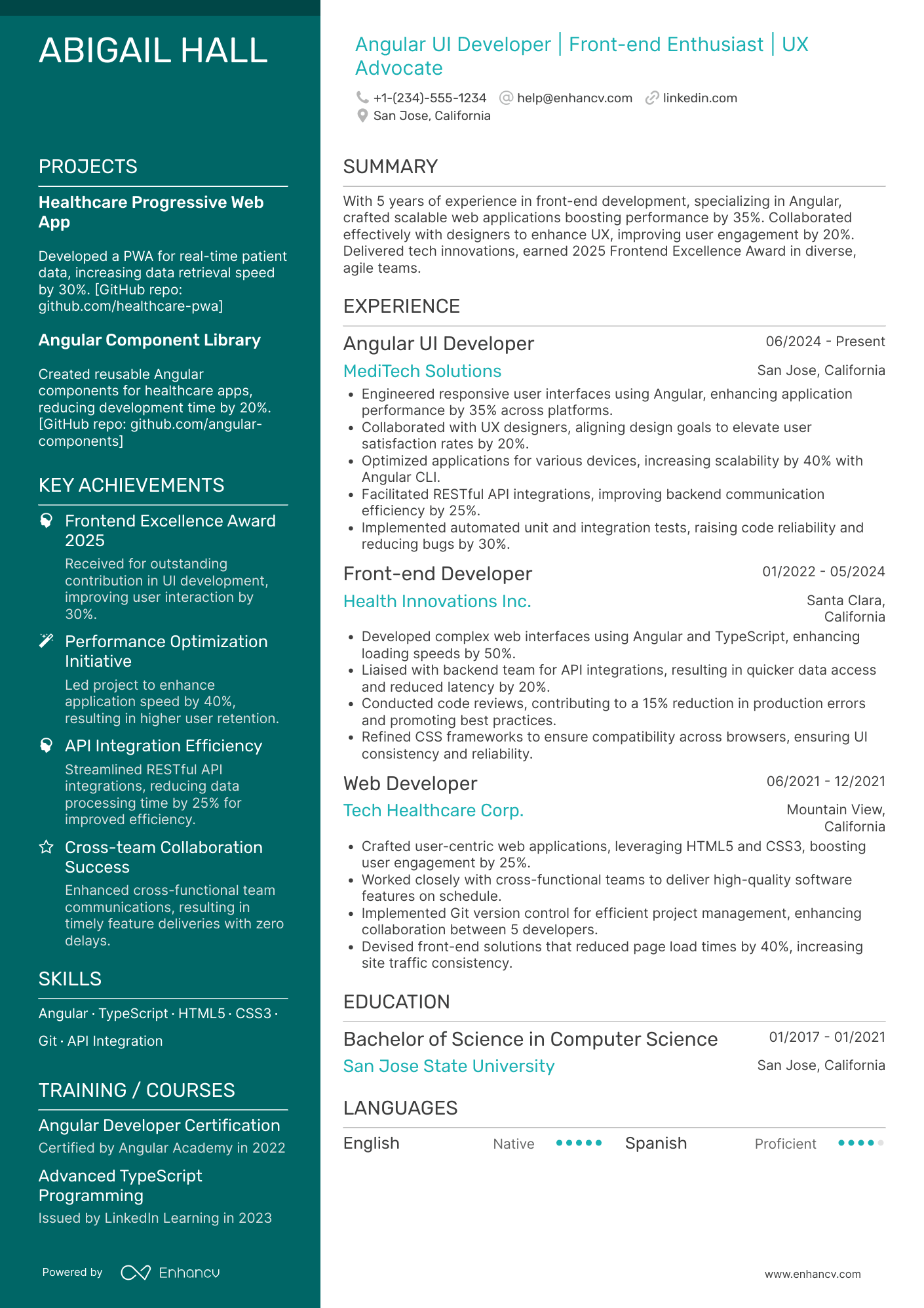 A resume example of a Angular UI Developer