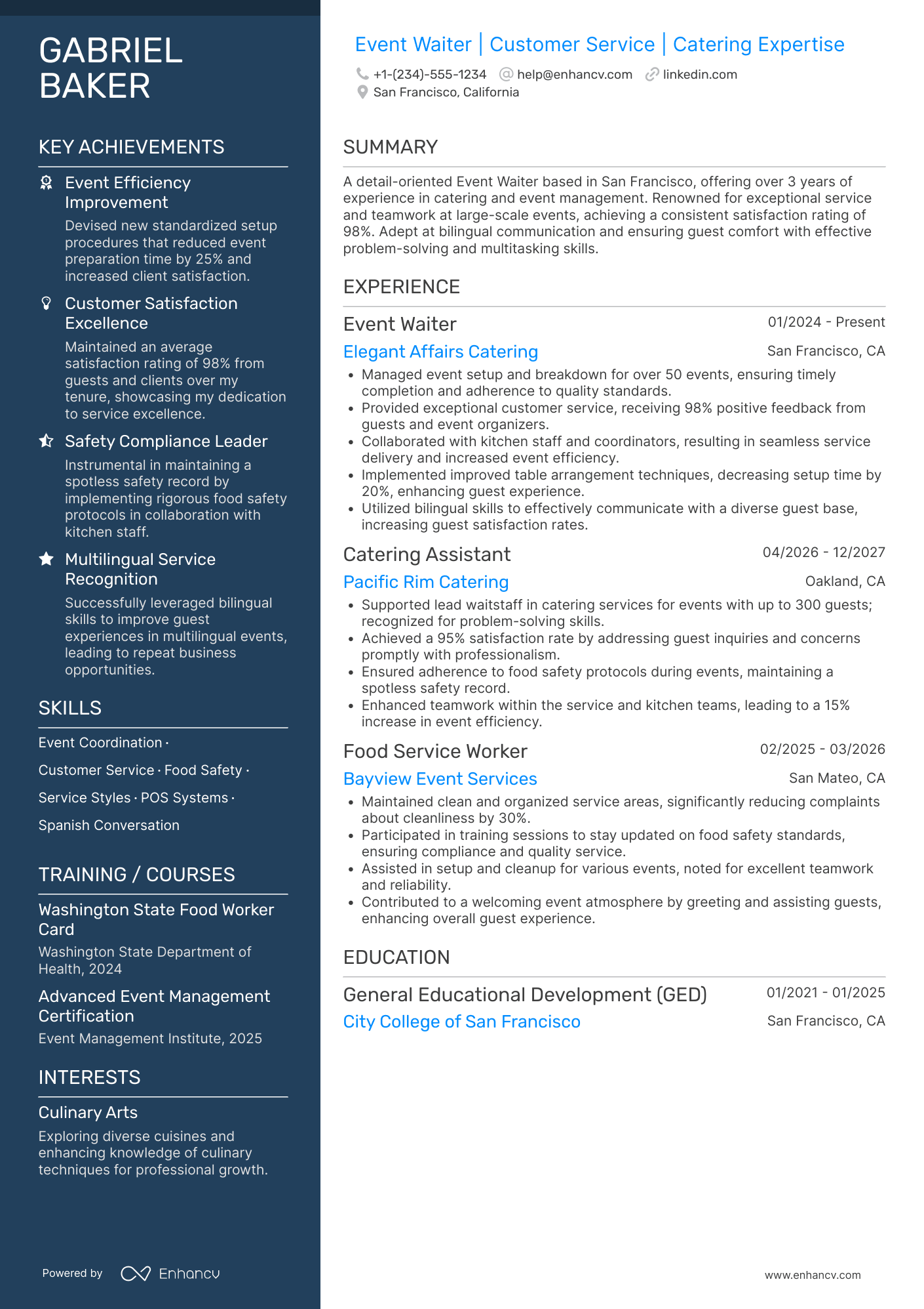 A resume example of a Event Waiter