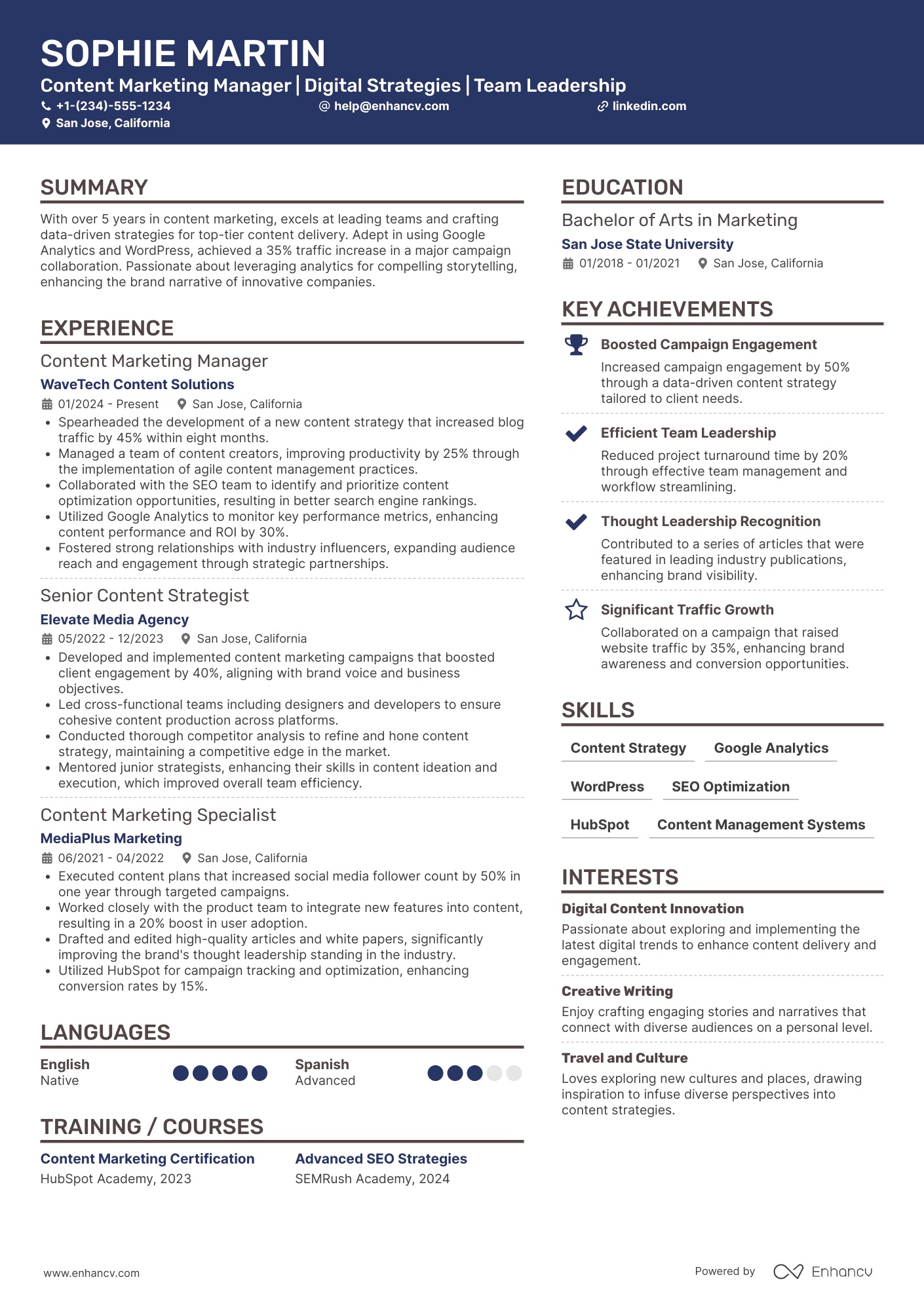 A resume example of a Content Marketing Manager