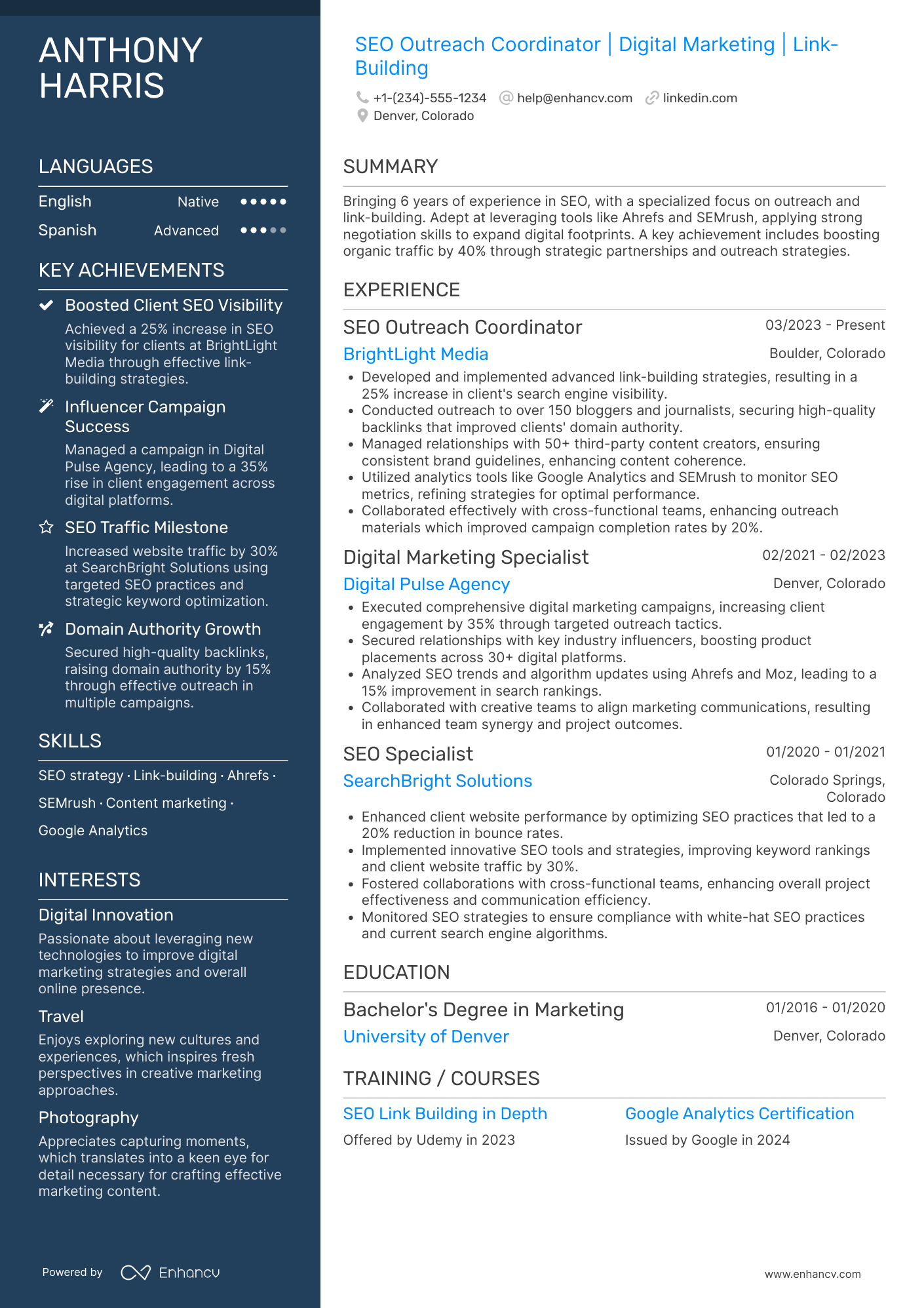 A resume example of a SEO Outreach Coordinator