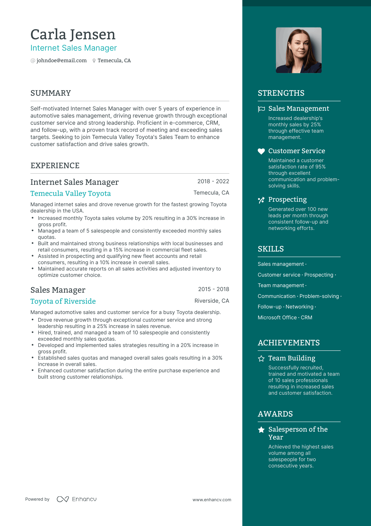 One Page Internet Sales Manager Resume Template