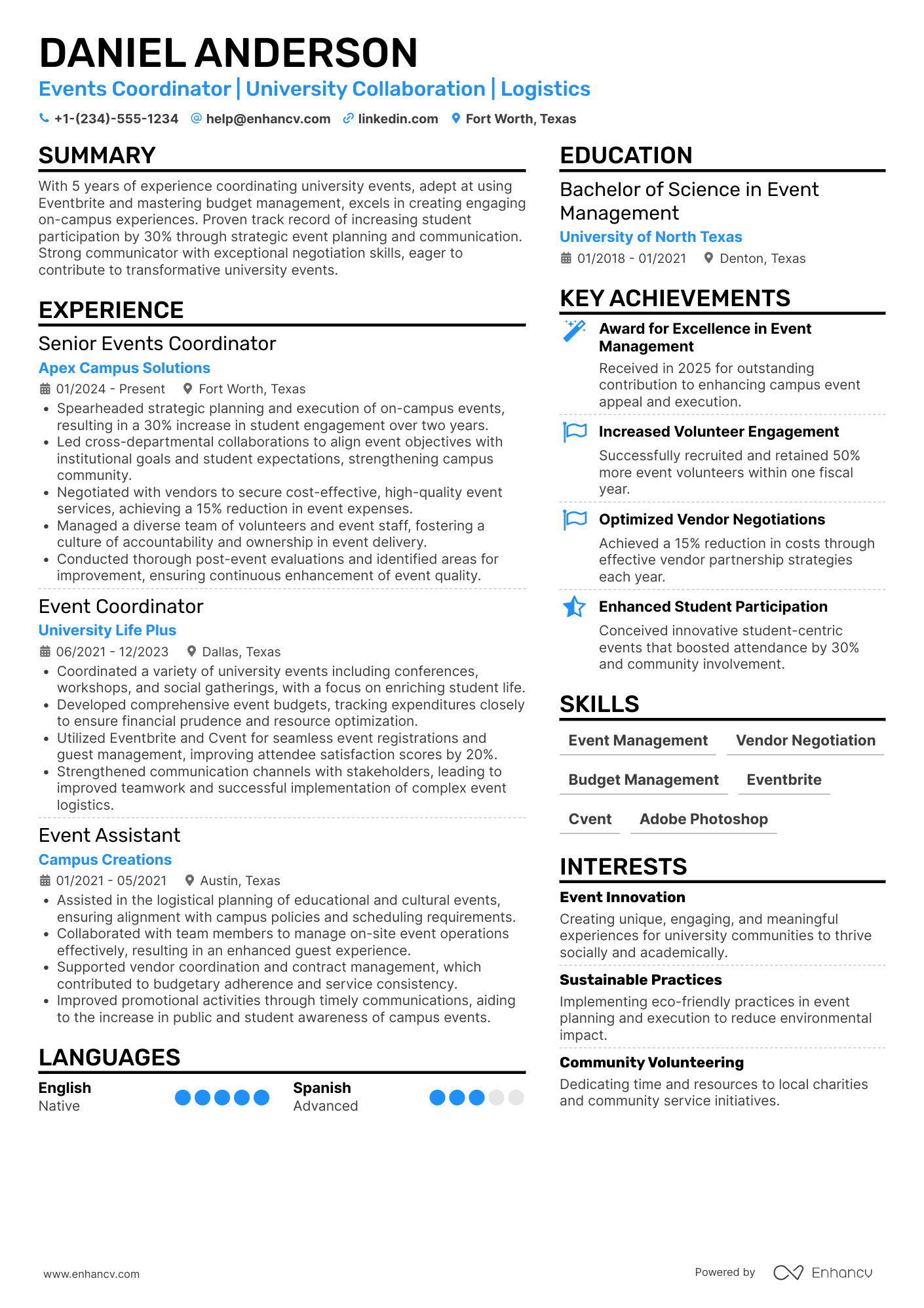 A resume example of a University Event Coordinator