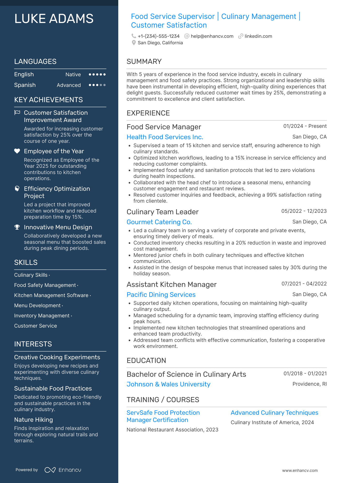 A resume example of a Food Service