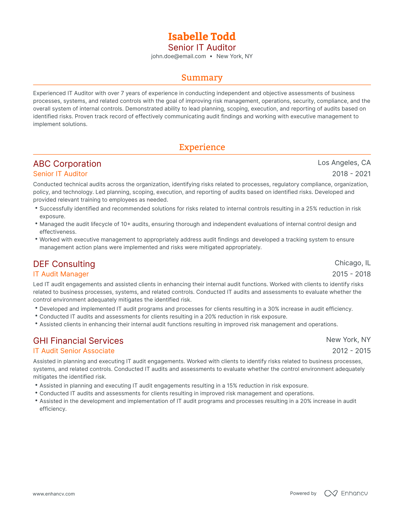 Traditional It Auditor Resume Template