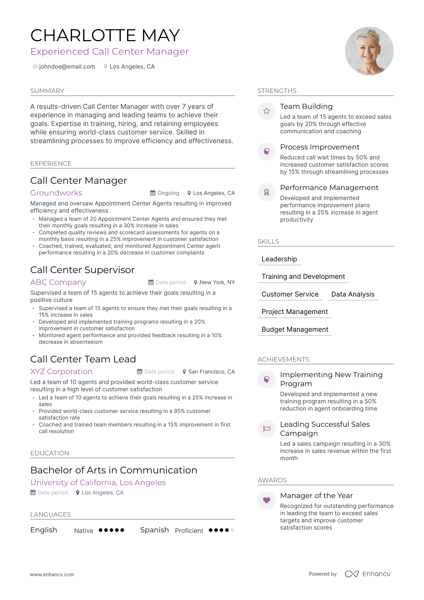 Modern Call Center Manager Resume Template