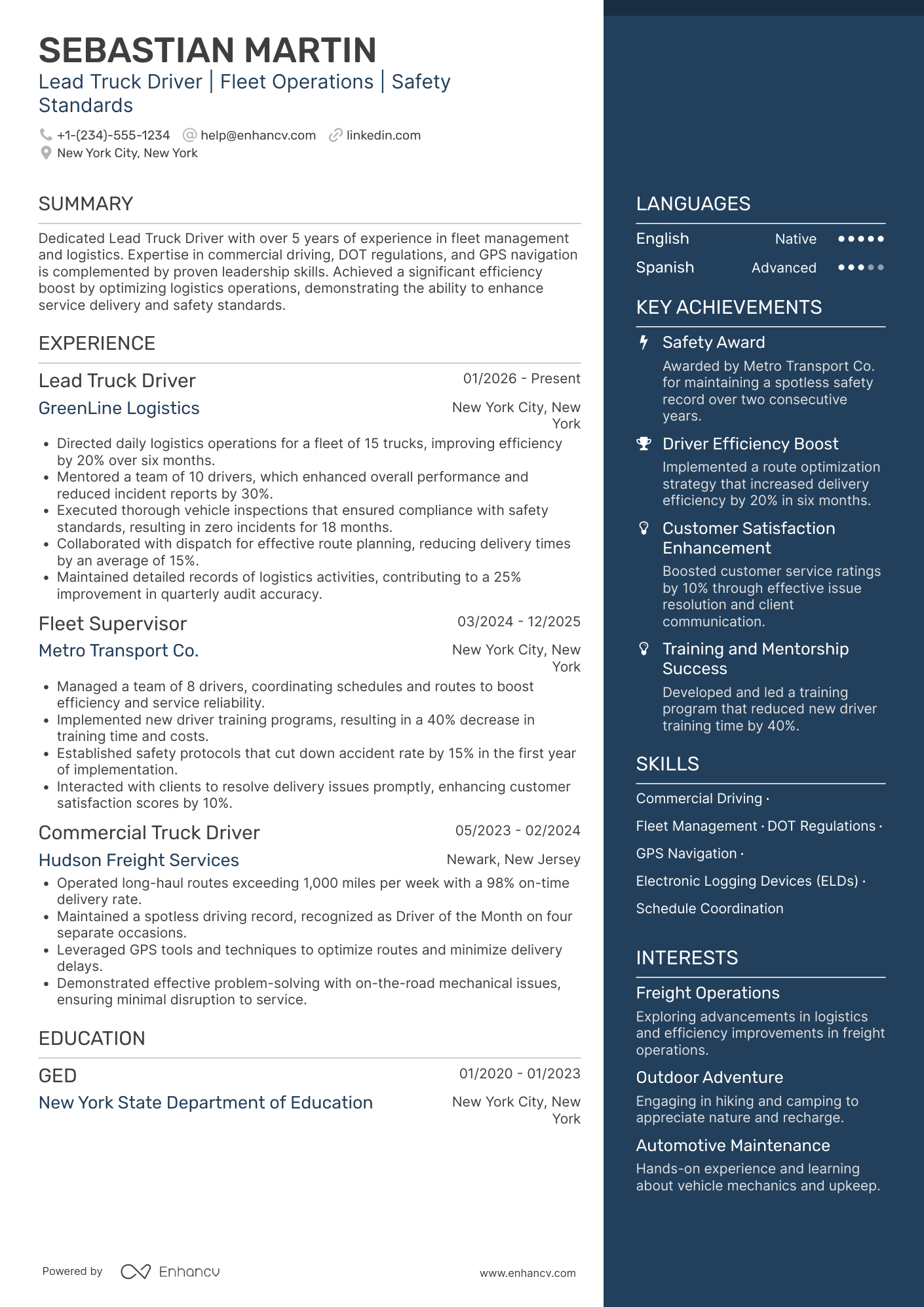 A resume example of a Lead Truck Driver