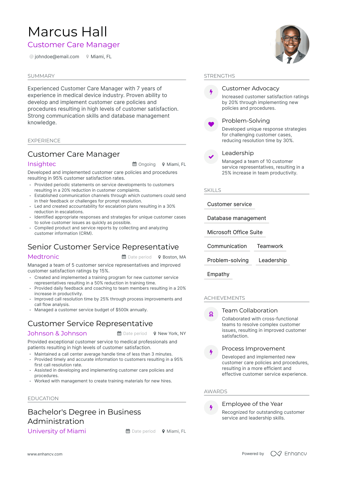 Modern Customer Care Manager Resume Template
