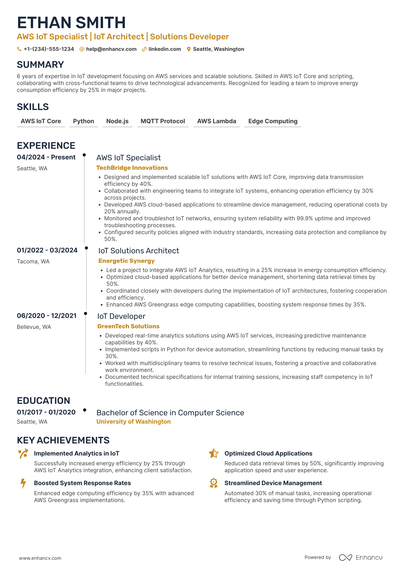 A resume example of a AWS IoT Specialist