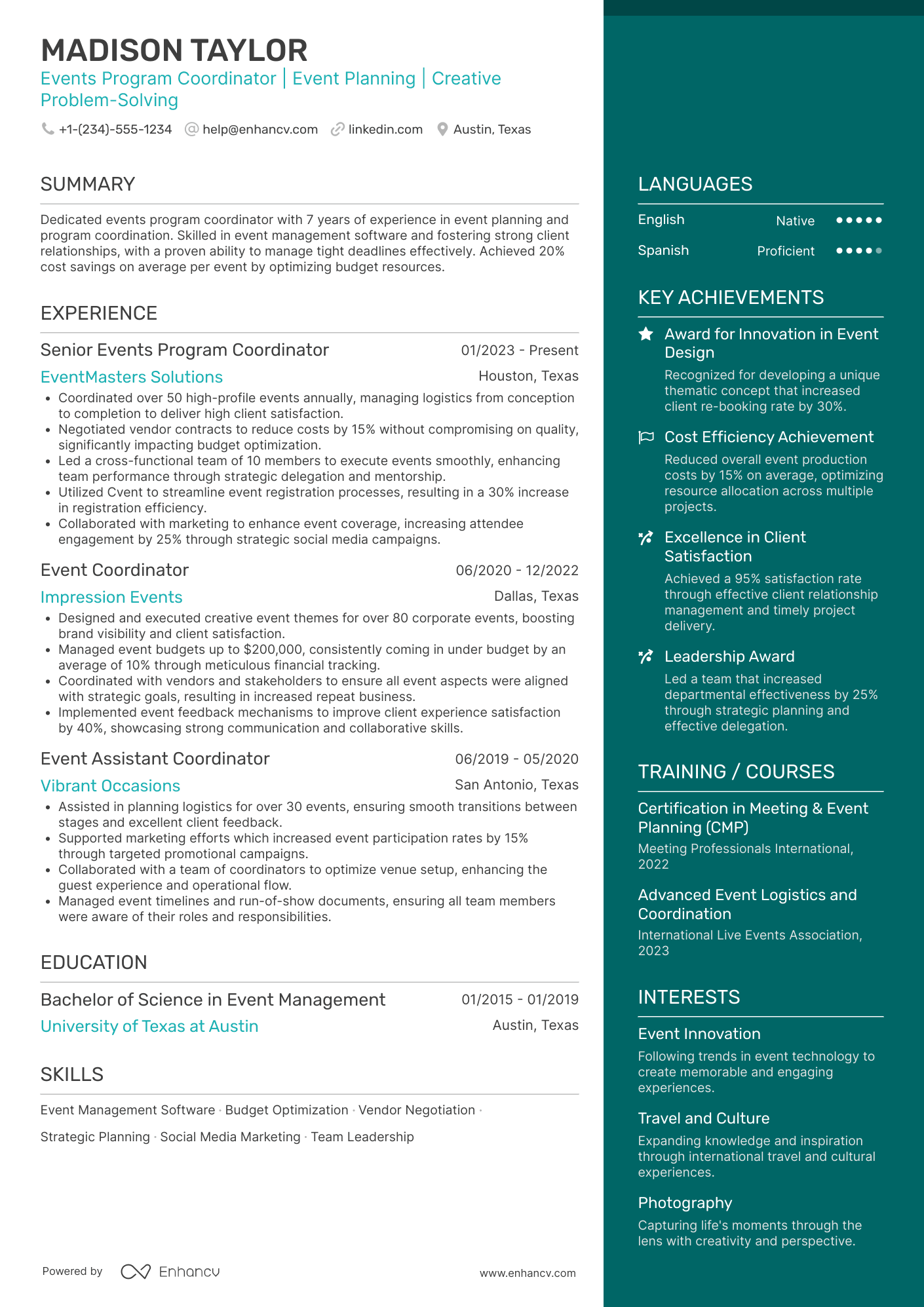 A resume example of a Events Program Coordinator
