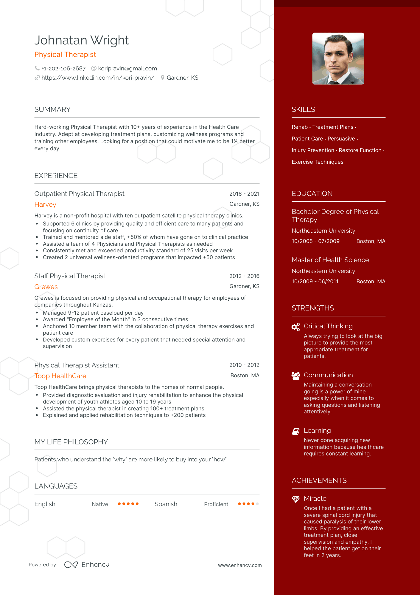 One Page Physical Therapist Resume Template