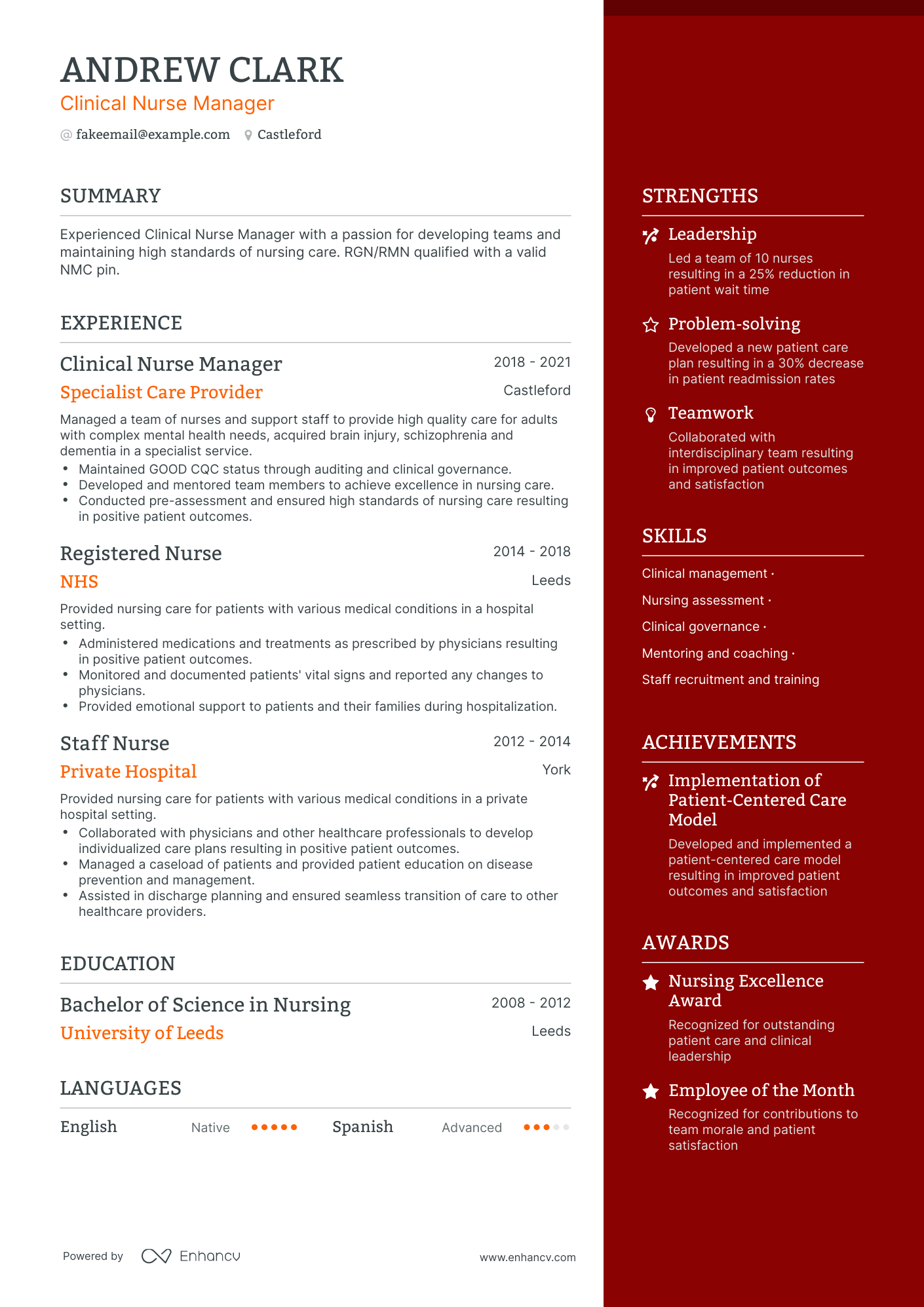 One Page Clinical Nurse Manager Resume Template