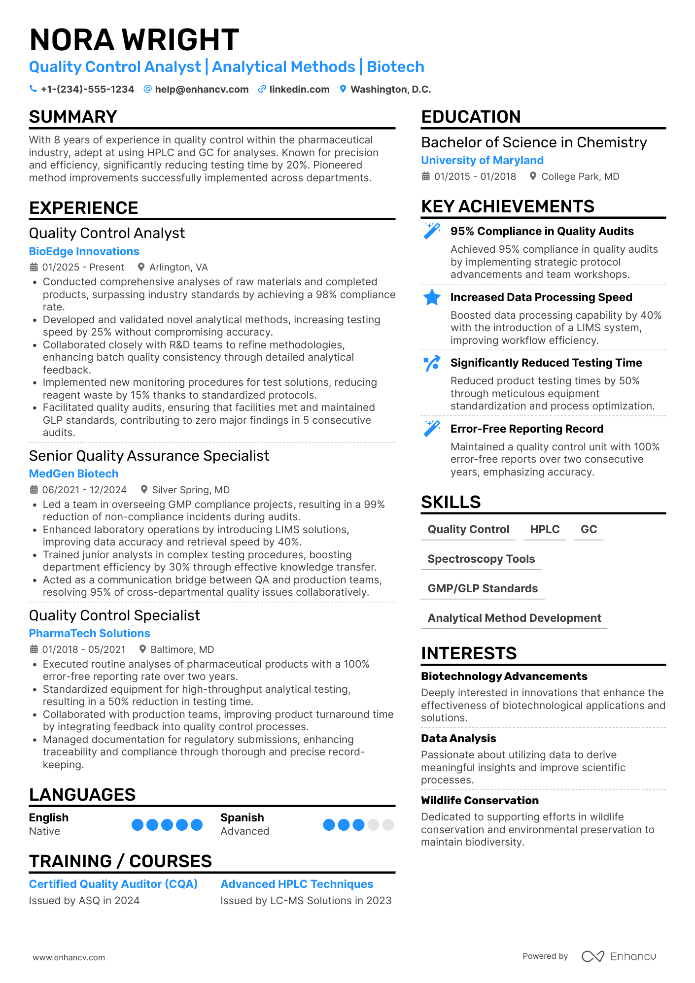 A resume example of a Quality Control Analyst
