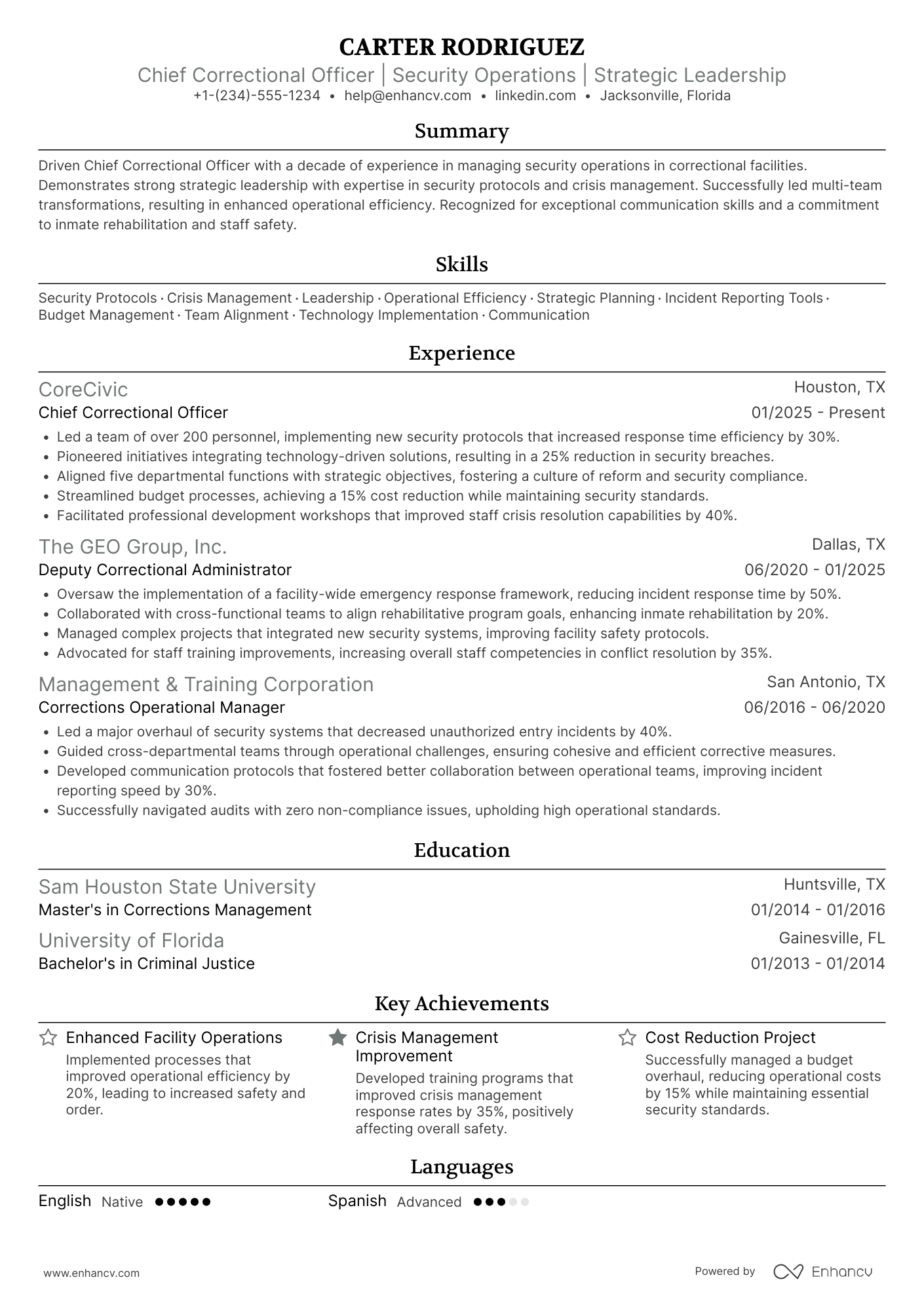 A resume example of a Chief Correctional Officer