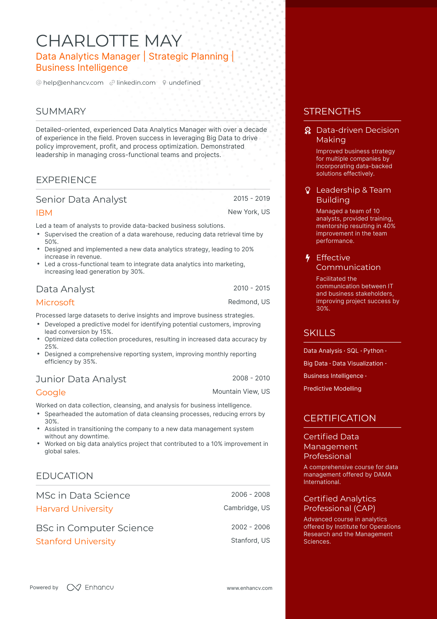 undefined Data Analytics Manager Resume Template
