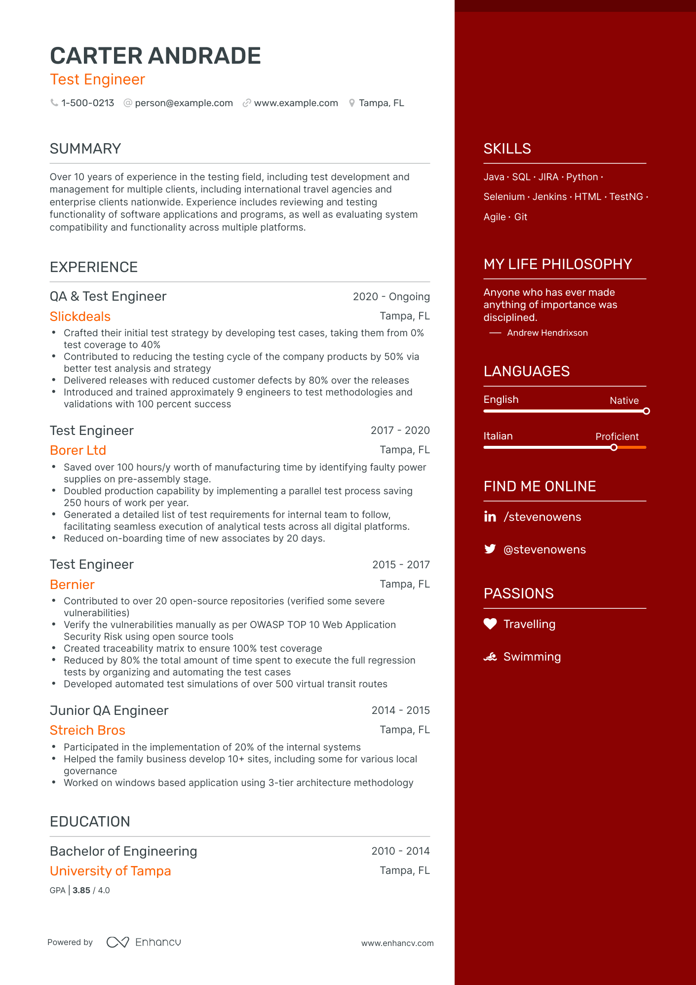 One Page Test Engineer Resume Template