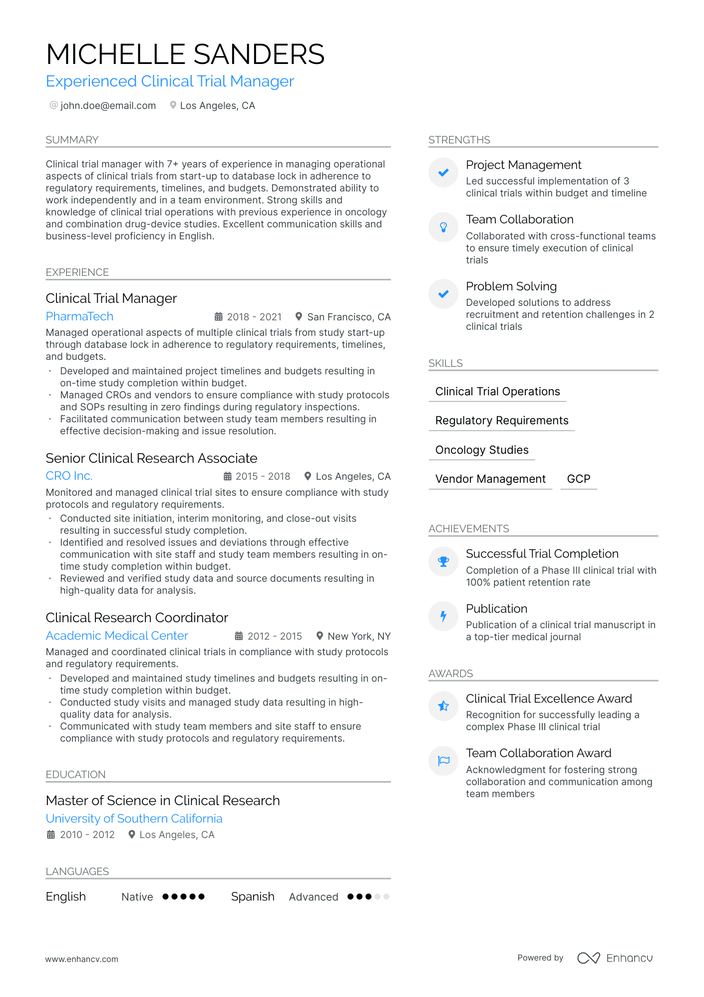 A resume example of a Clinical Trial Manager