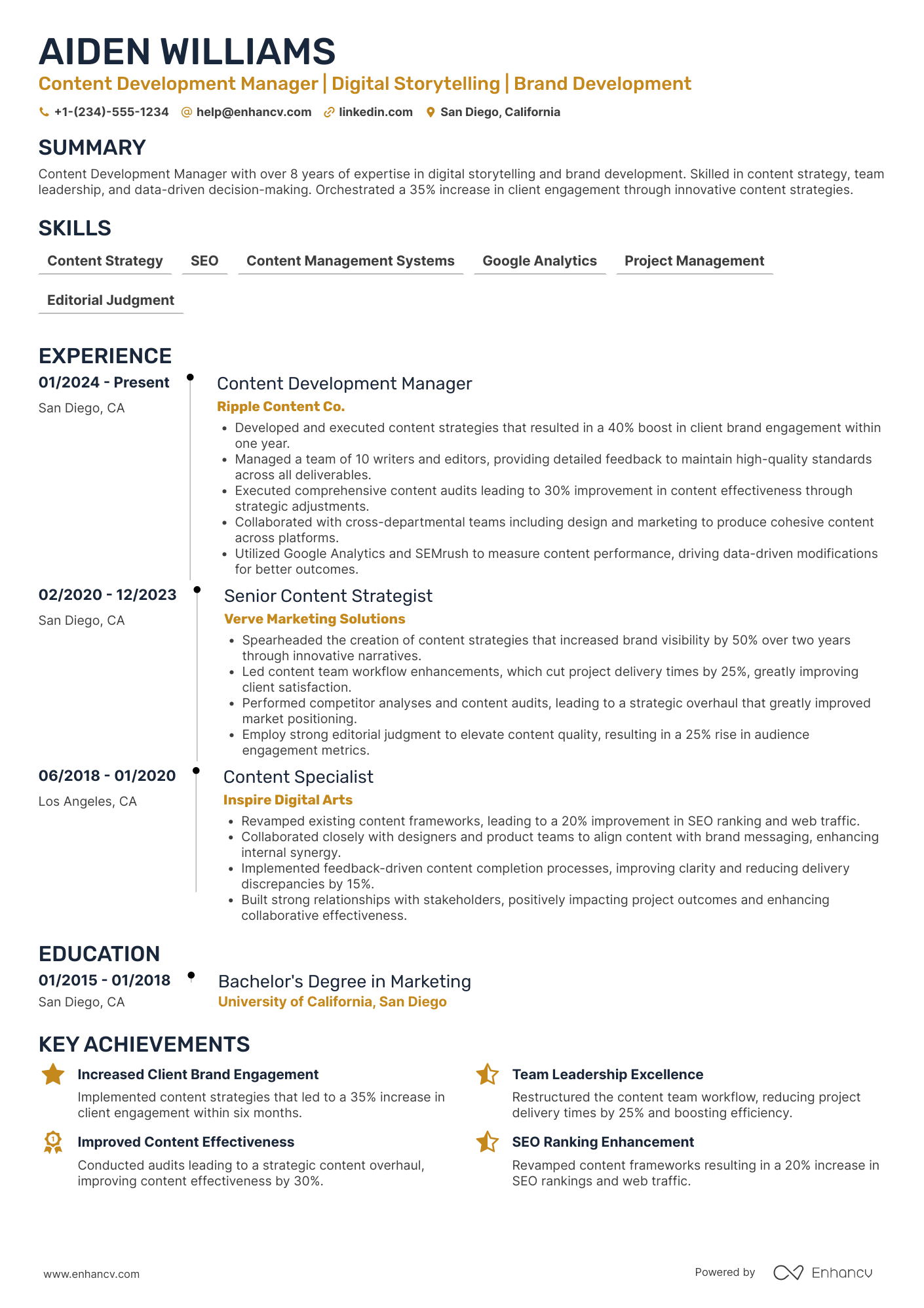 A resume example of a Content Development Manager