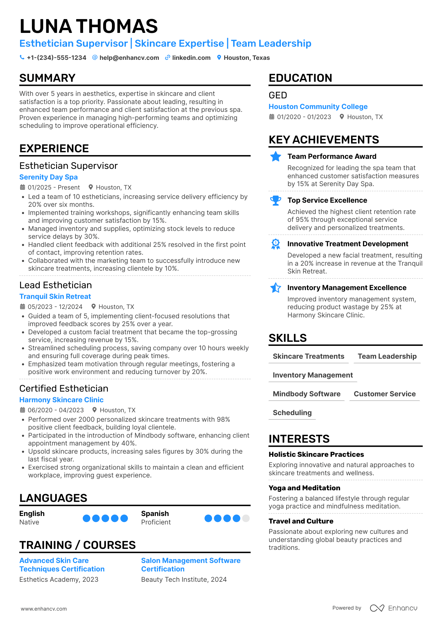 A resume example of a Esthetician Supervisor