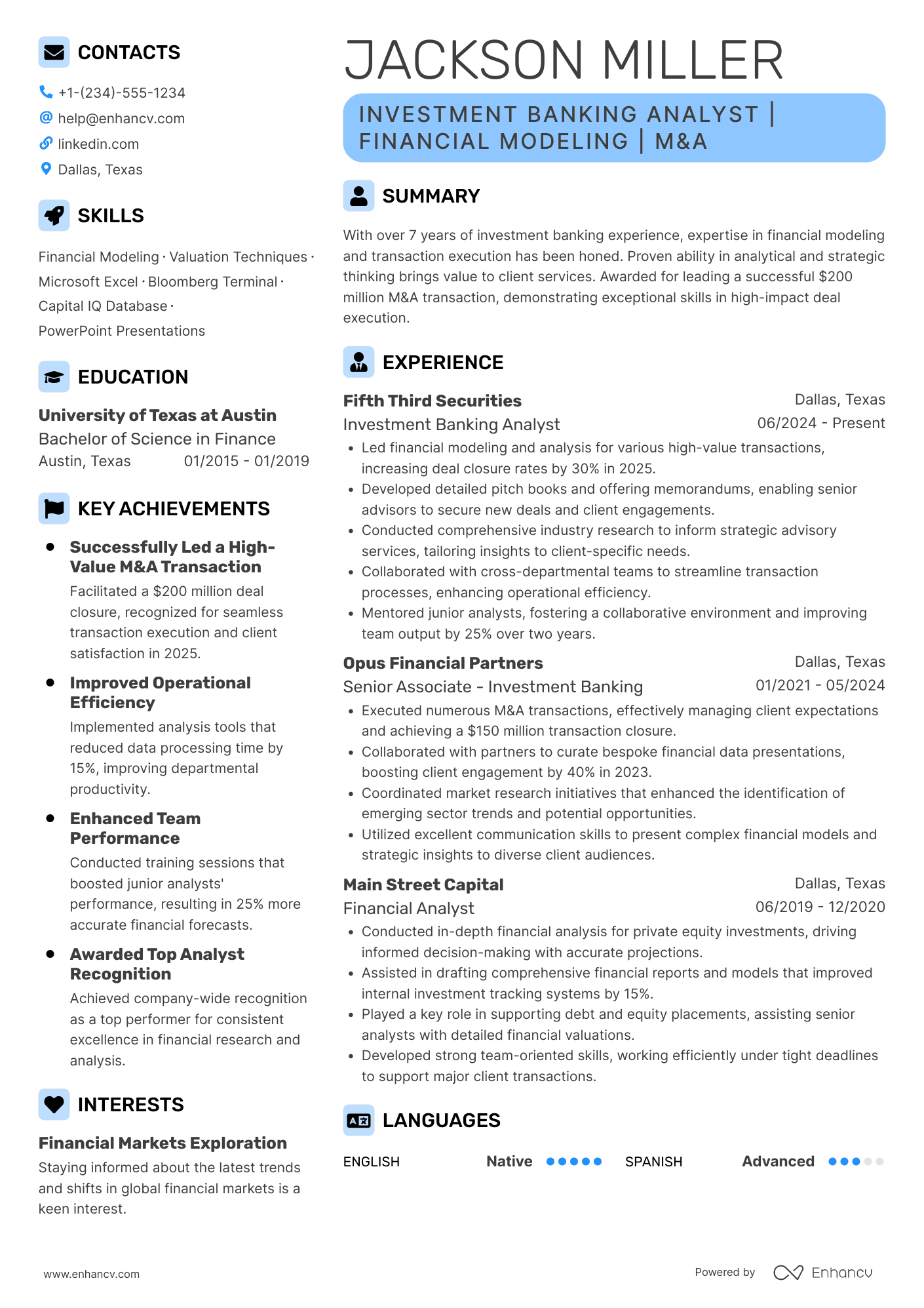 A resume example of a Senior Investment Banking Analyst