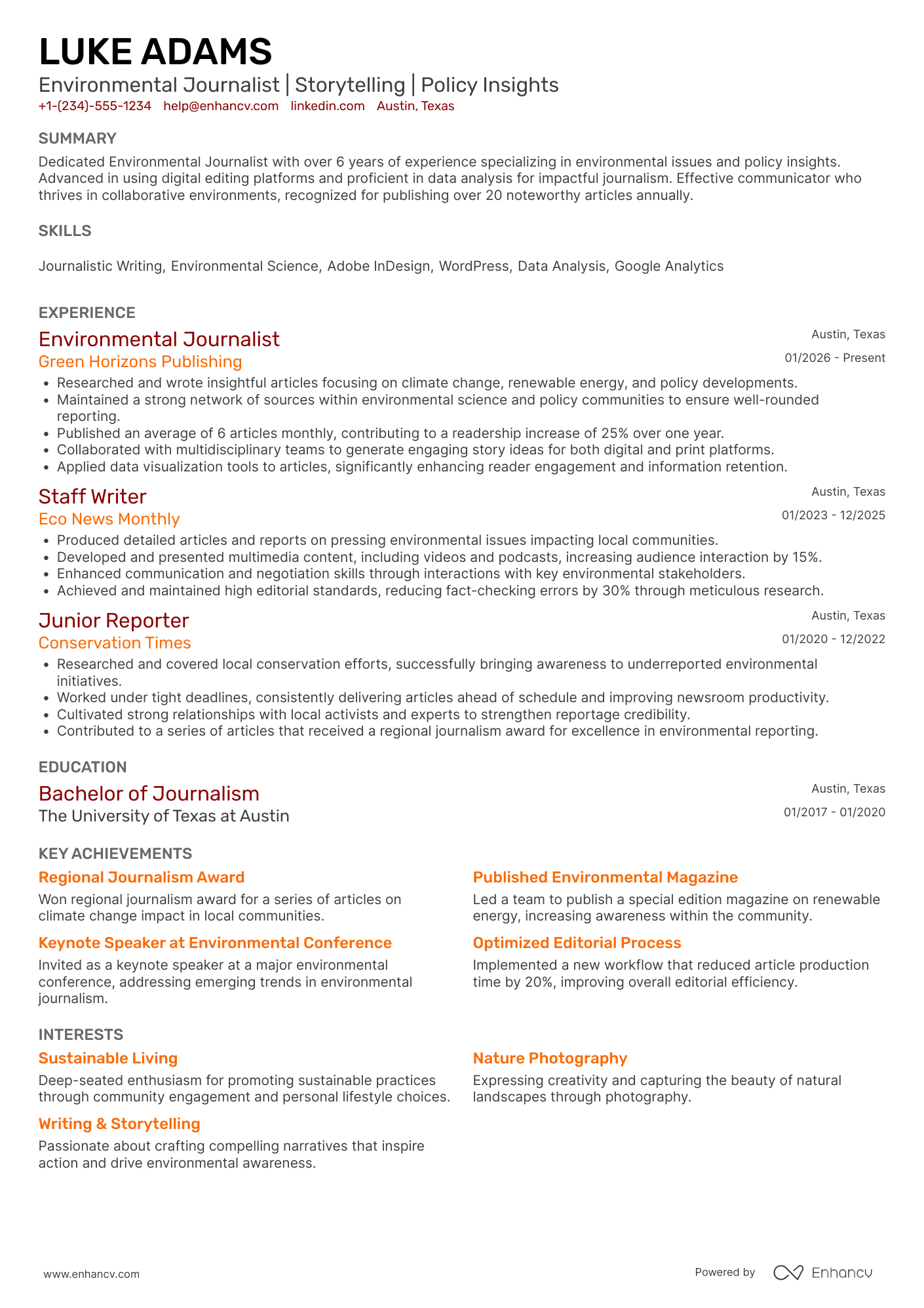 A resume example of a Environmental Journalist