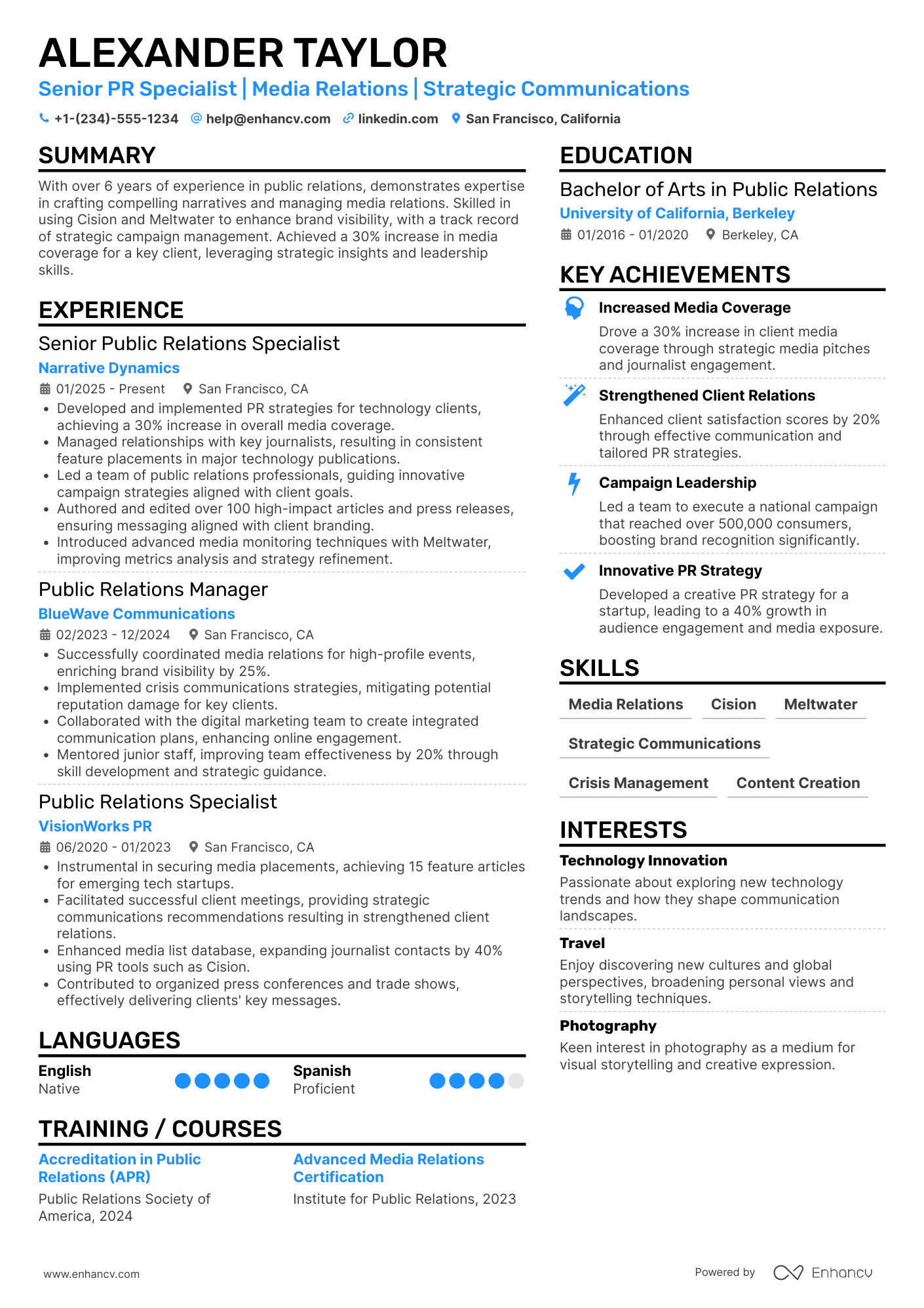 A resume example of a Senior Public Relations Specialist