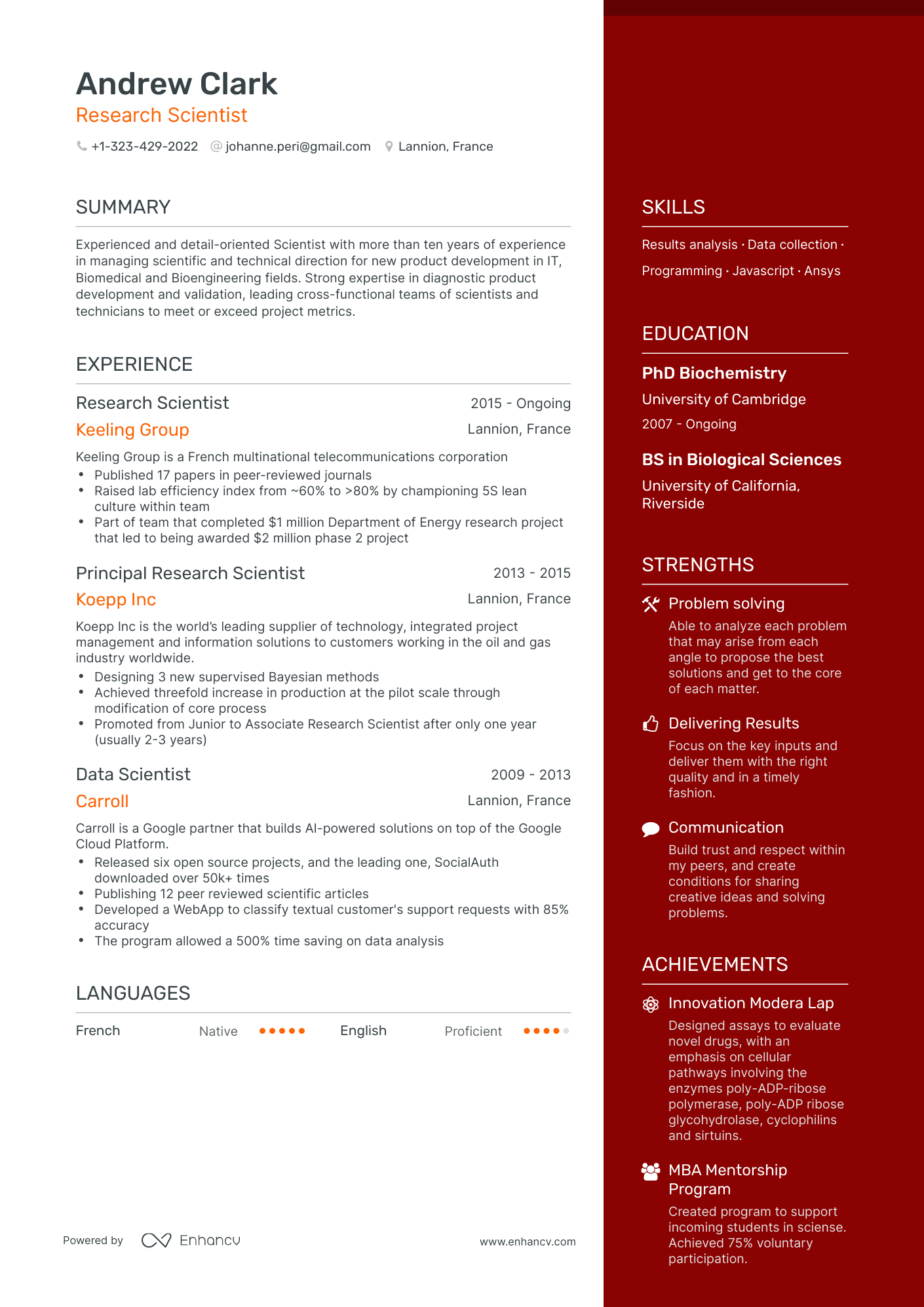 One Page Scientist Resume Template