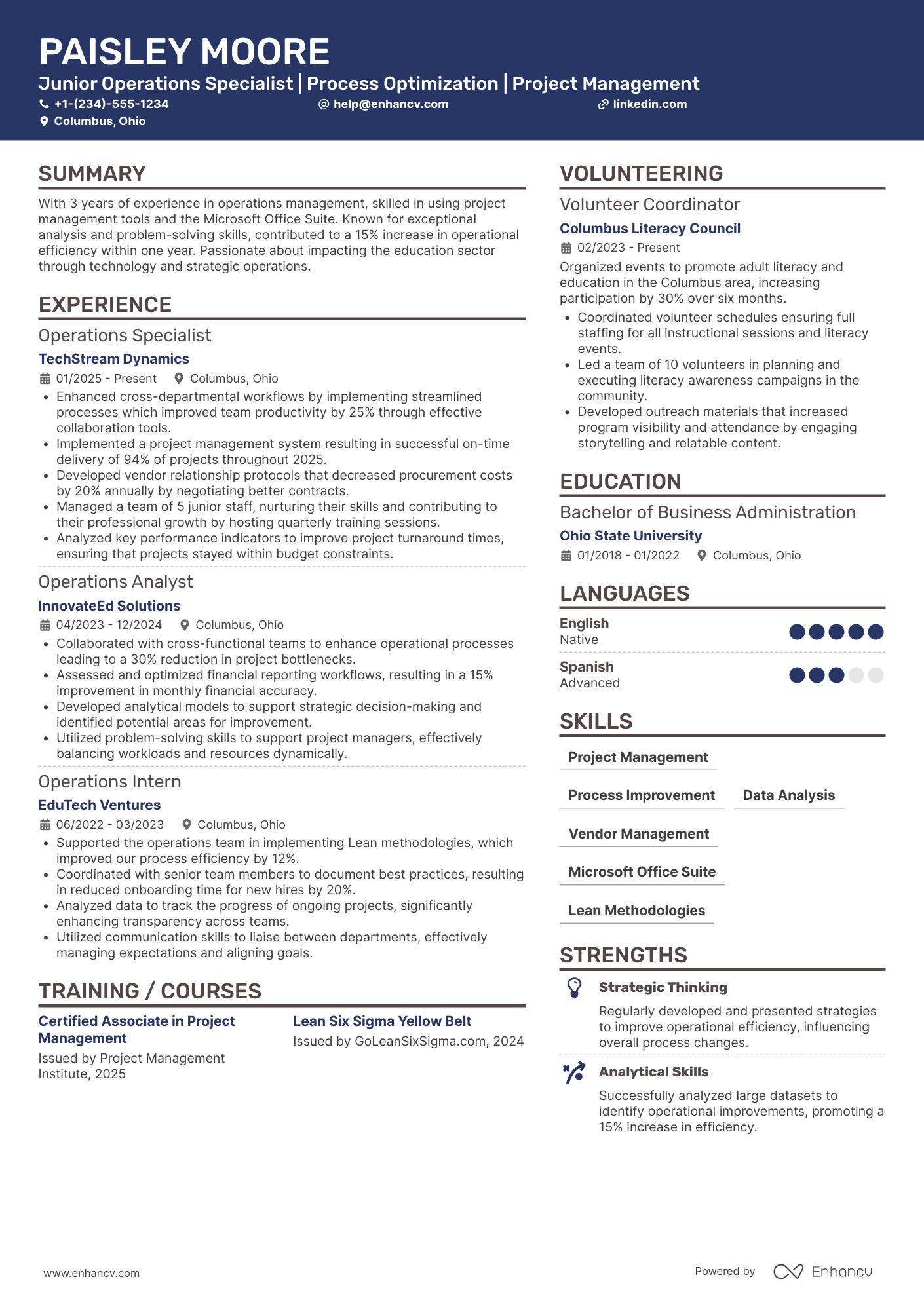 A resume example of a Junior Director of Operations