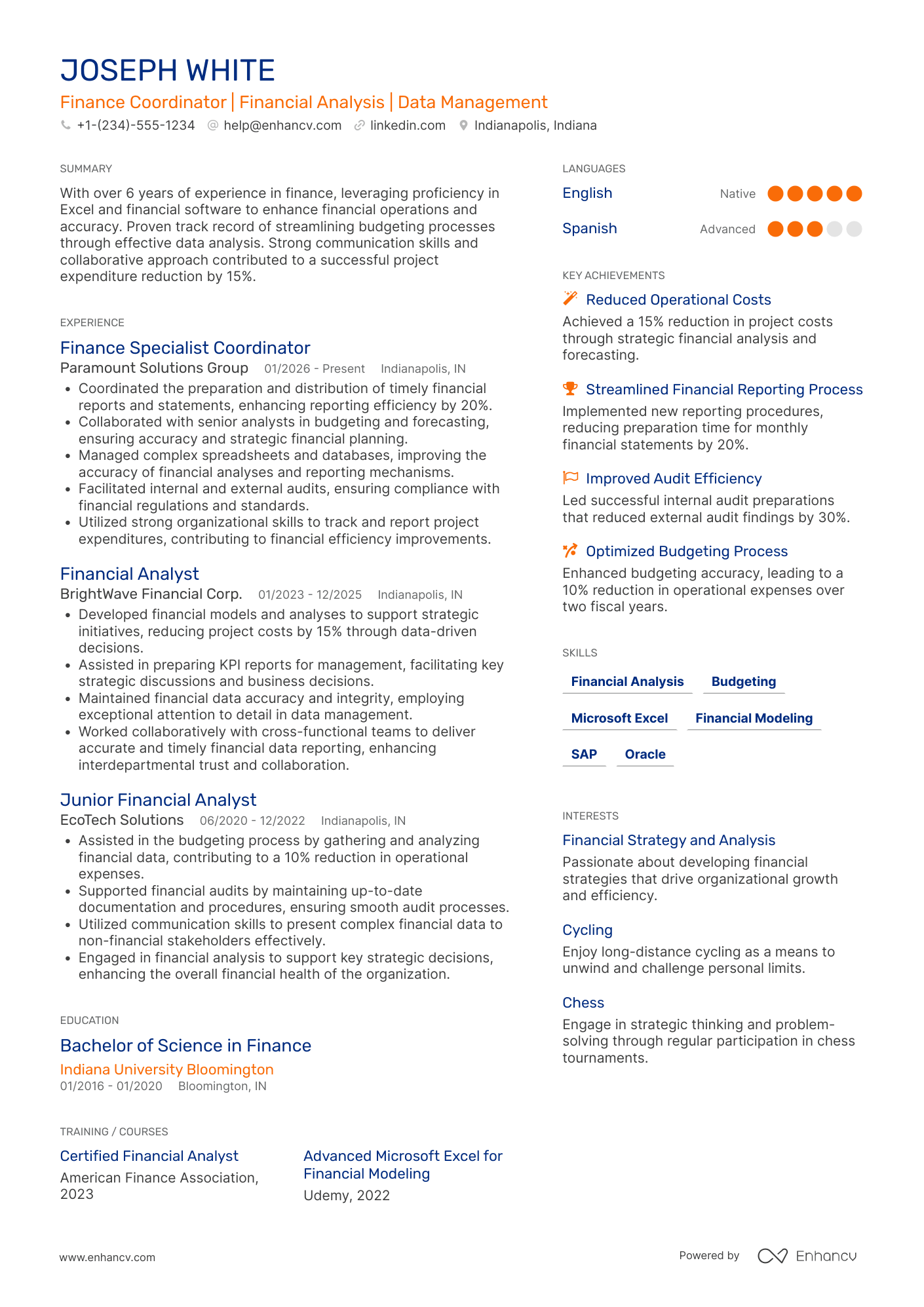 A resume example of a Finance Specialist Coordinator
