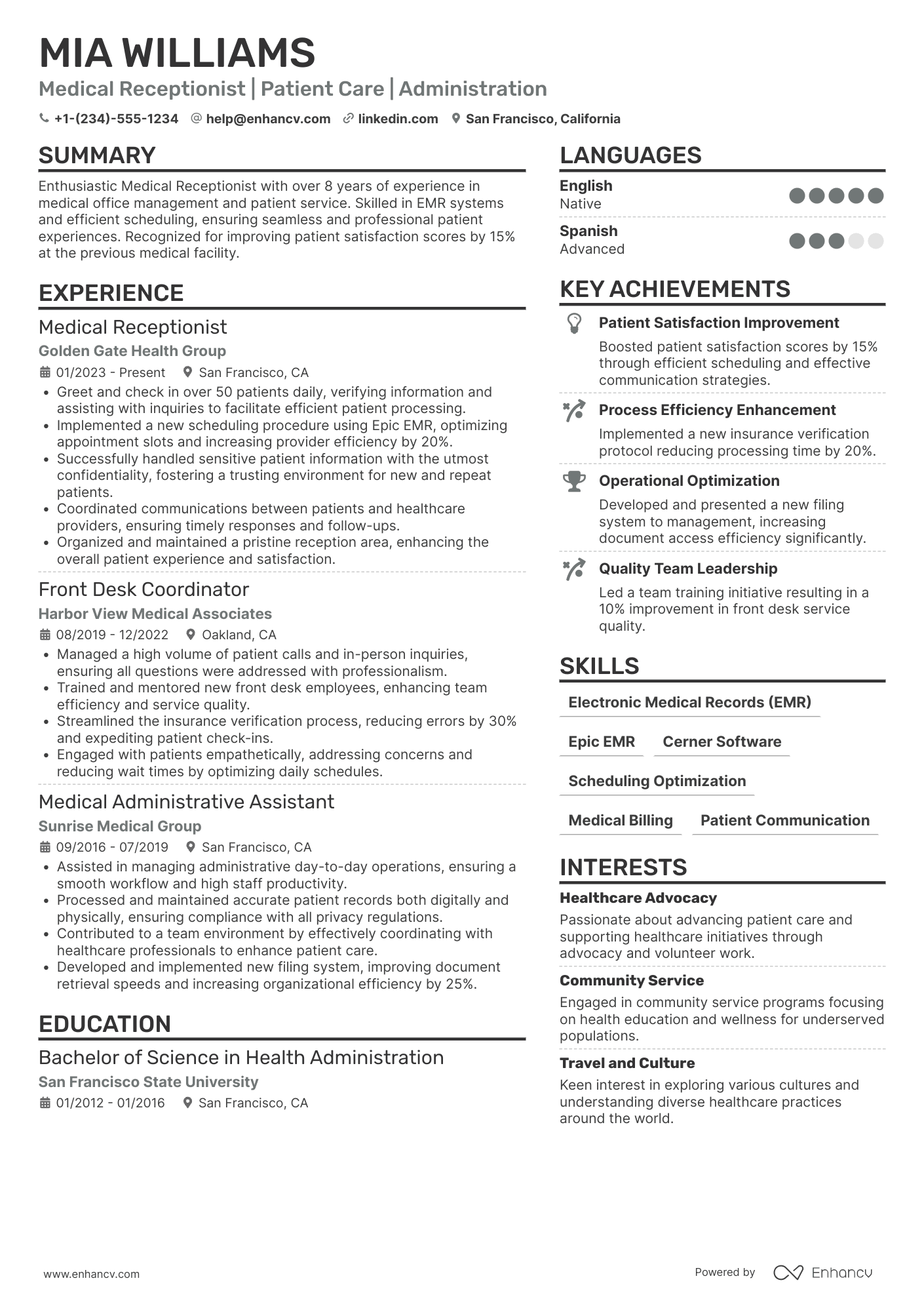 A resume example of a Medical Receptionist Representative