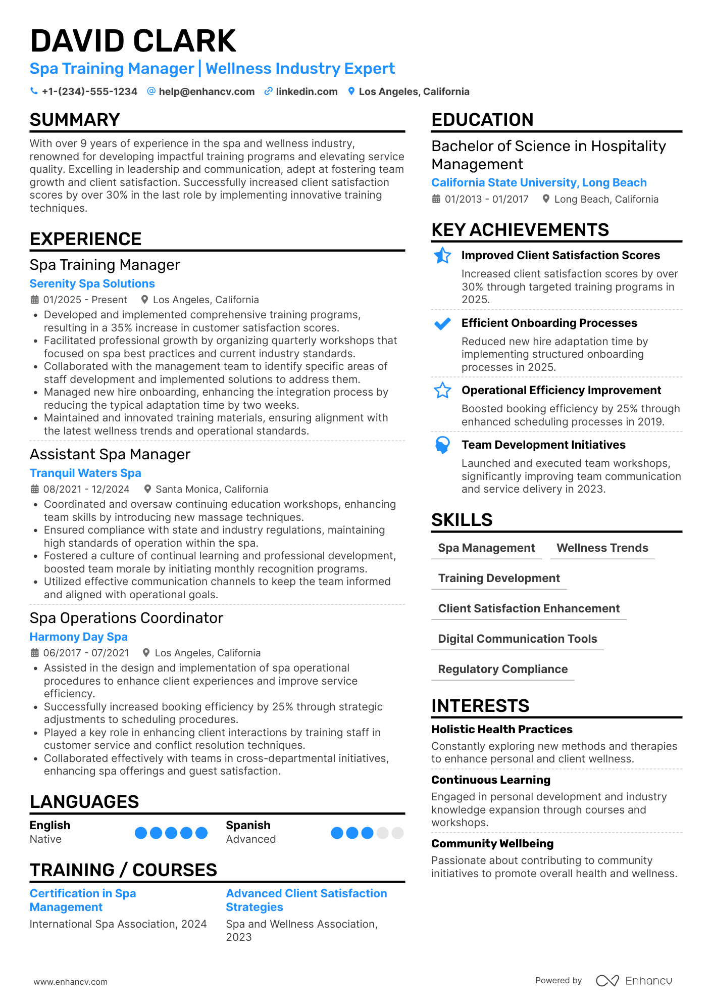 A resume example of a Spa Training Manager