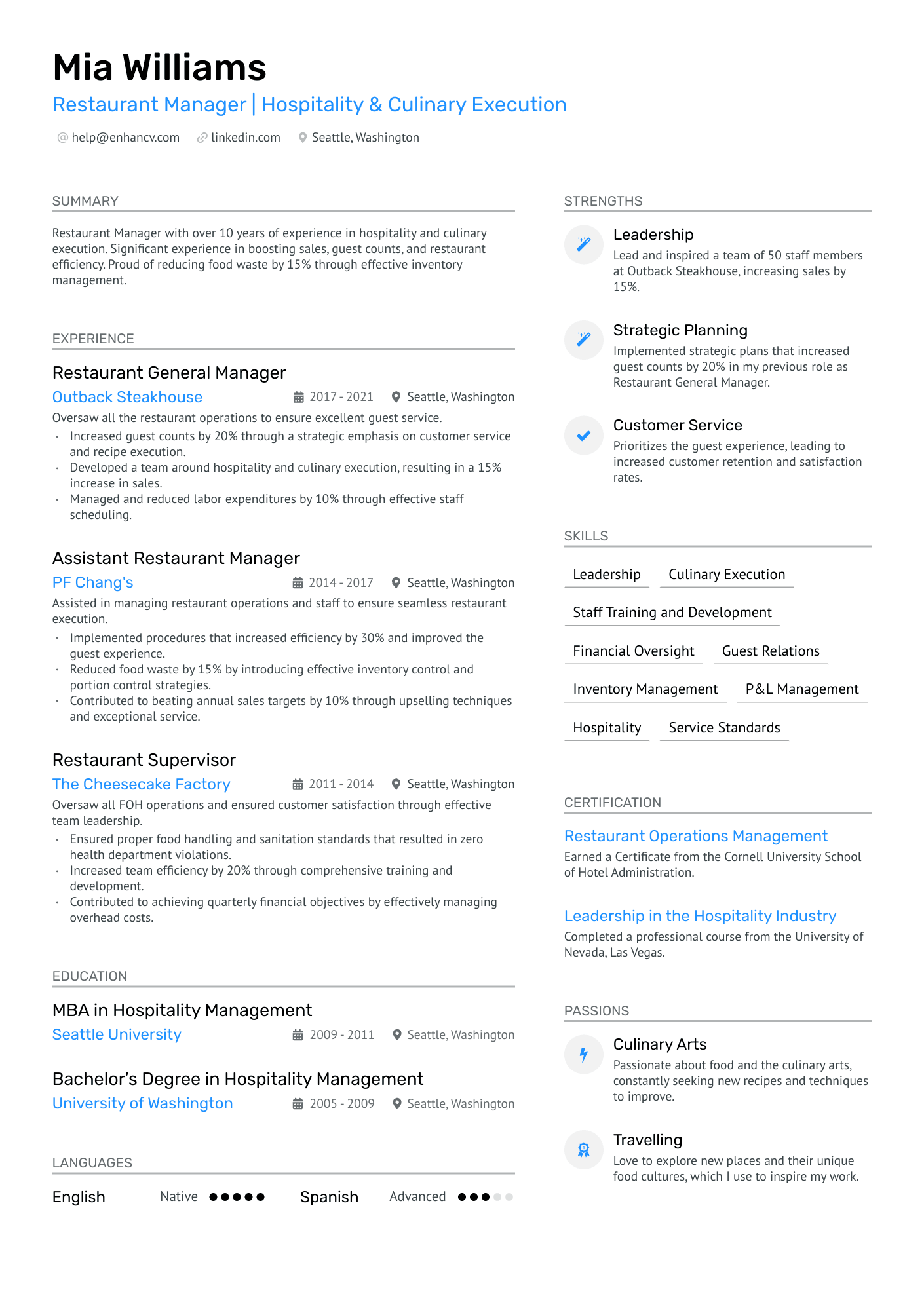 resume sample for restaurant manager
