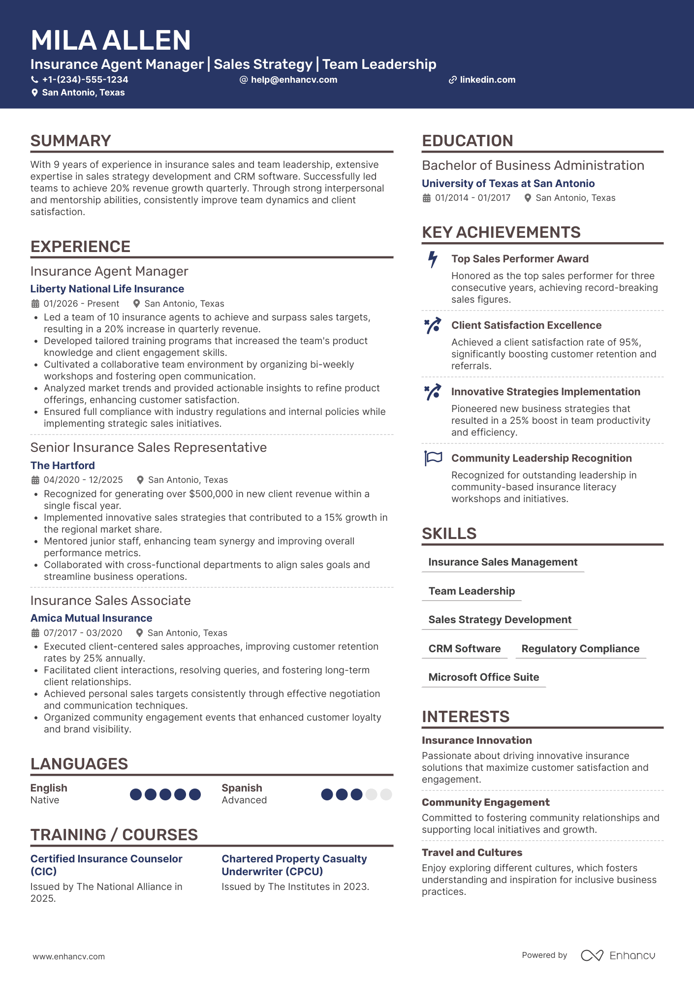 A resume example of a Insurance Agent Manager