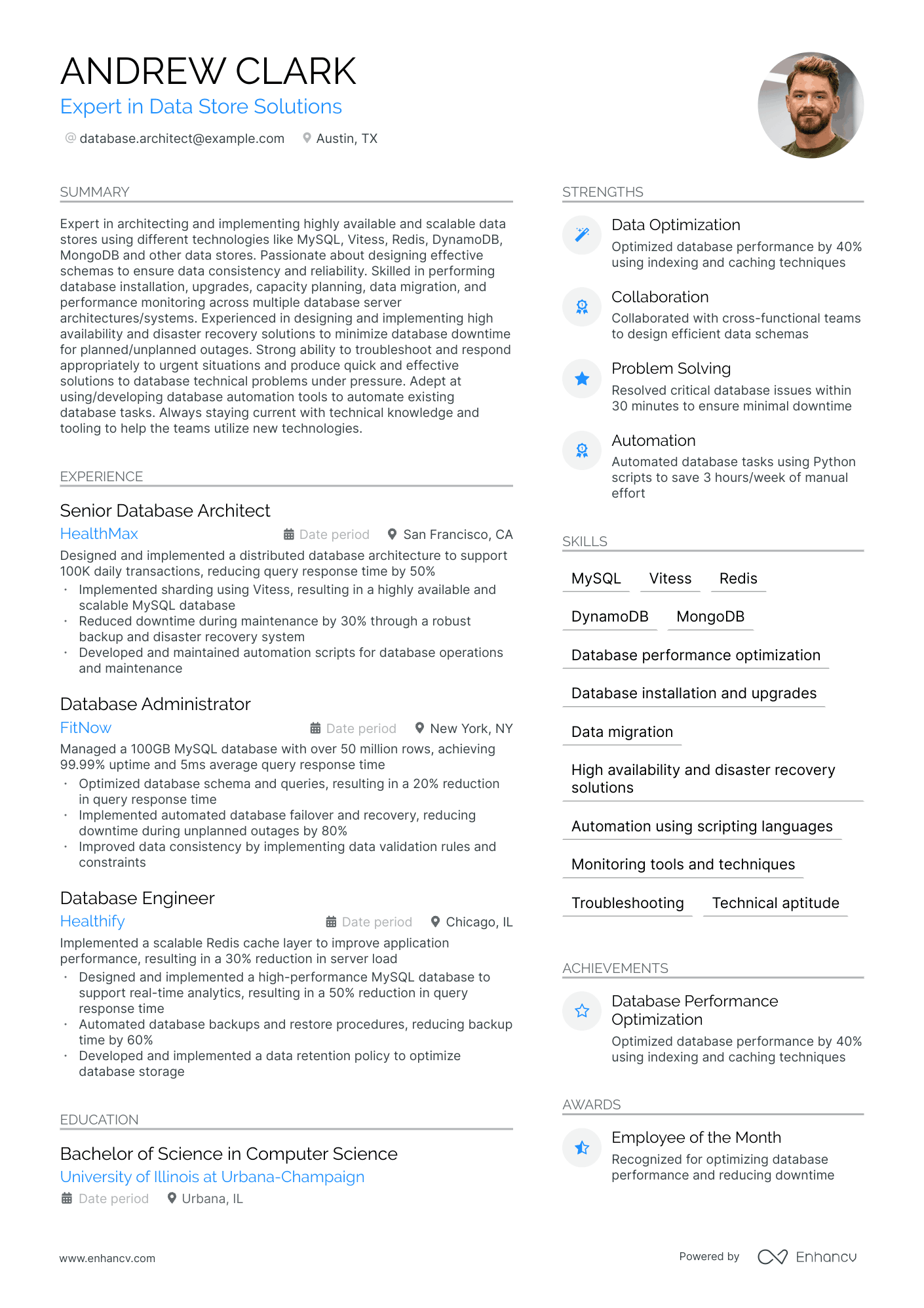 A resume example of a Database Architect
