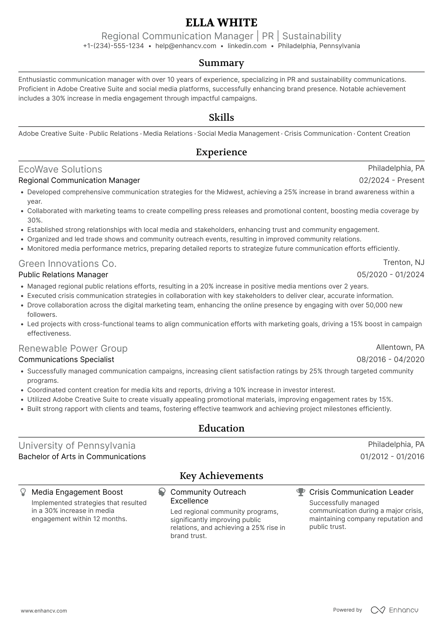 A resume example of a Regional Communication Manager