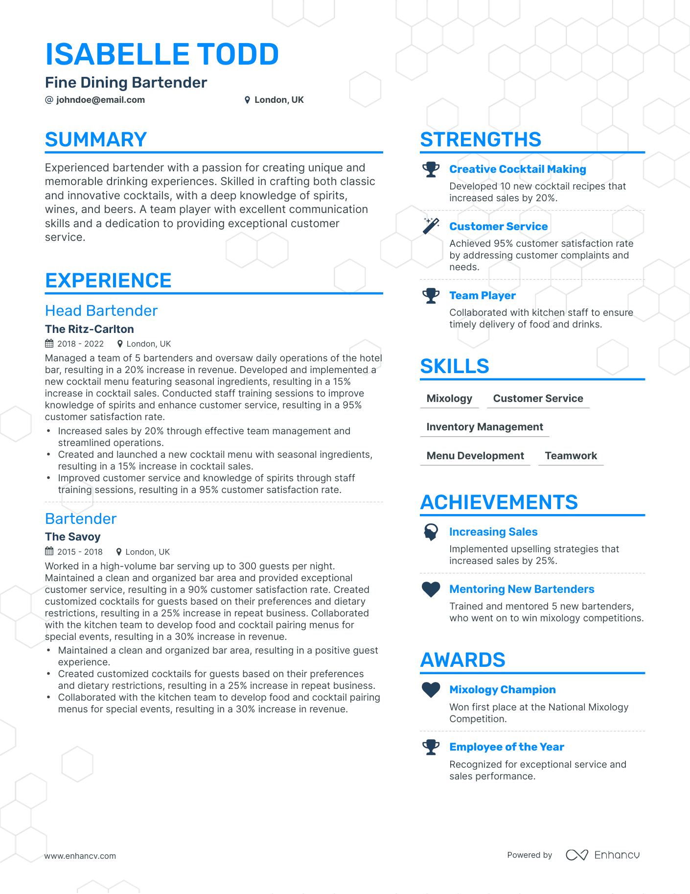 5 Fine Dining Bartender Resume Examples & Guide for 2024