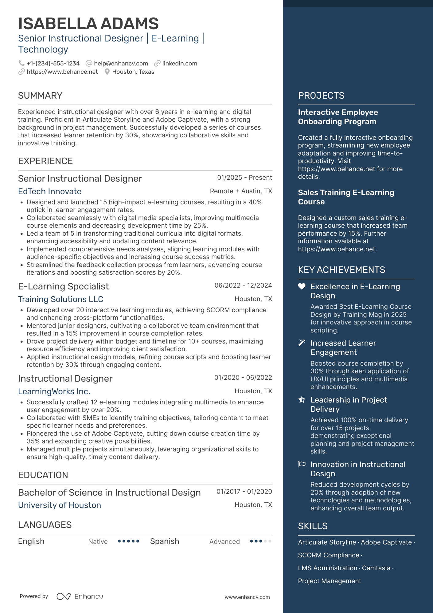 A resume example of a E Learning Instructional Designer