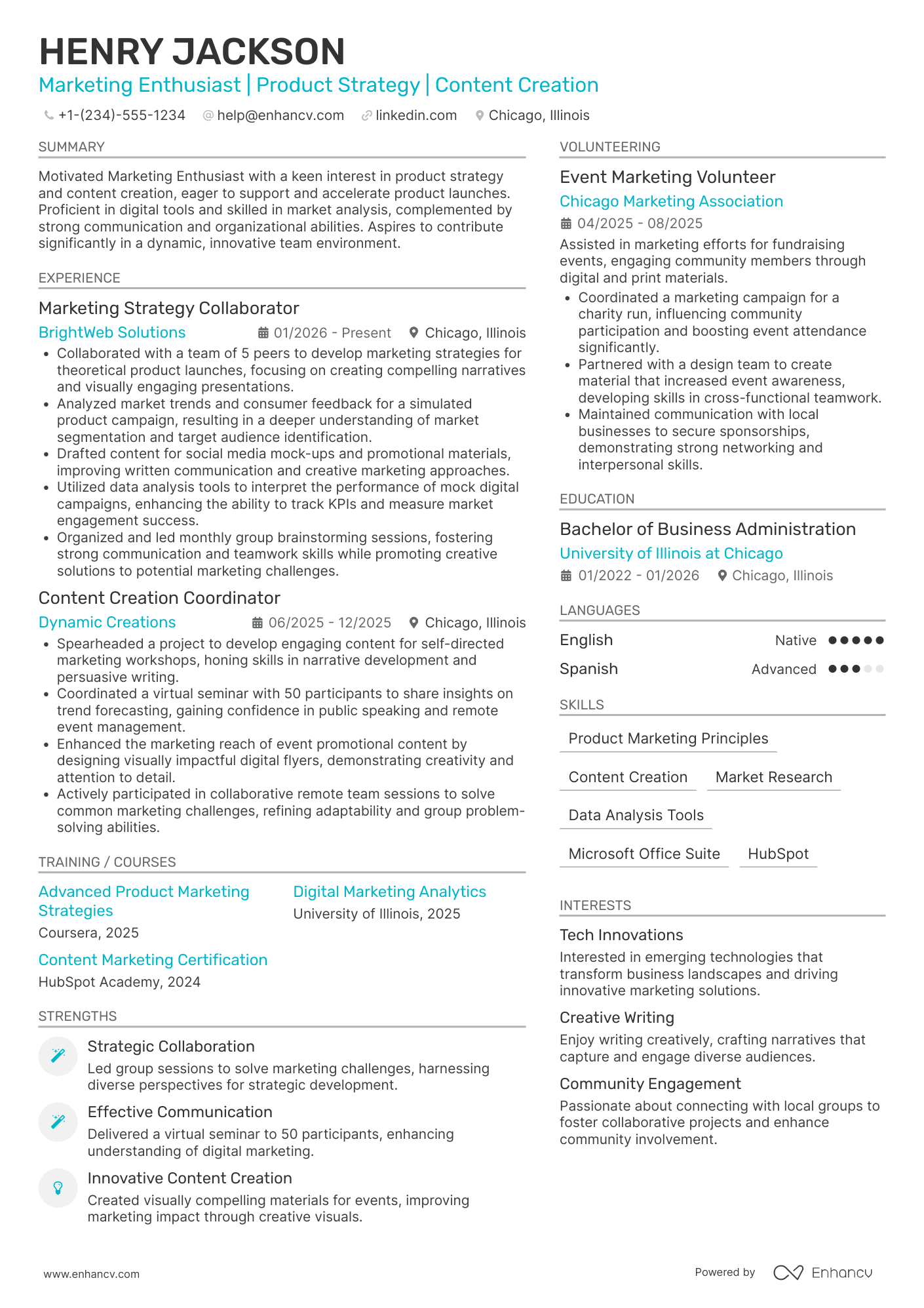 A resume example of a Product Marketing Intern