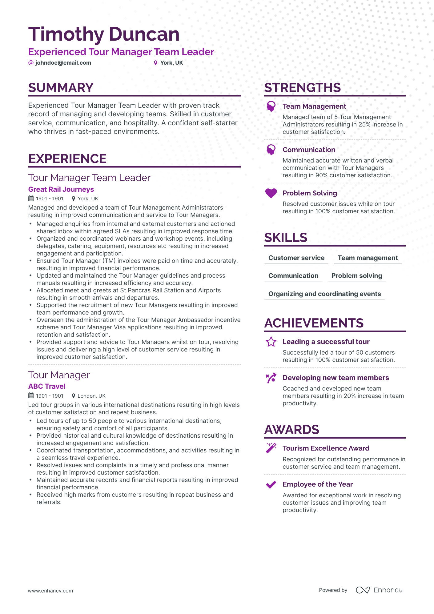 Simple Tour Manager Resume Template