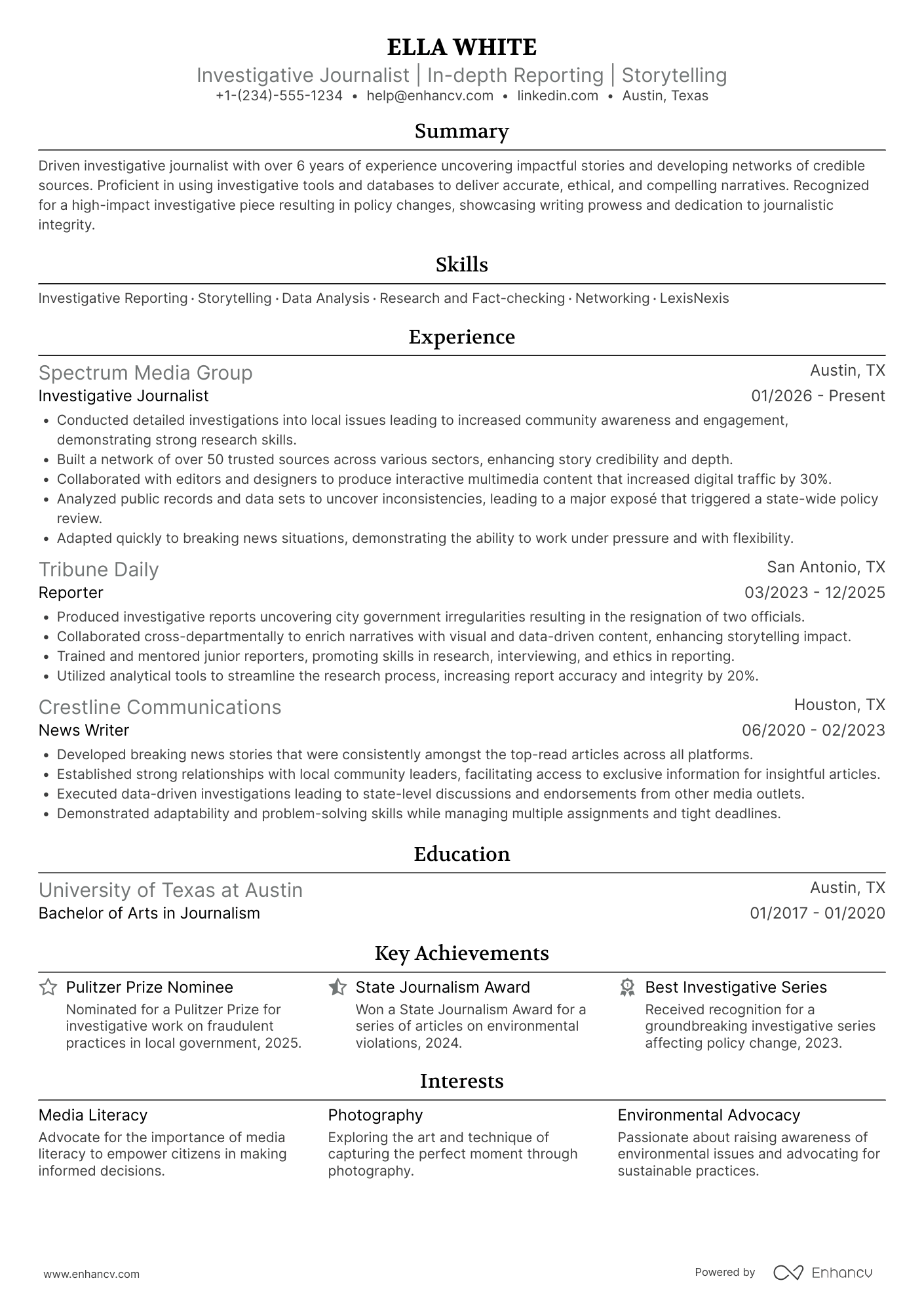 A resume example of a Investigative Journalist