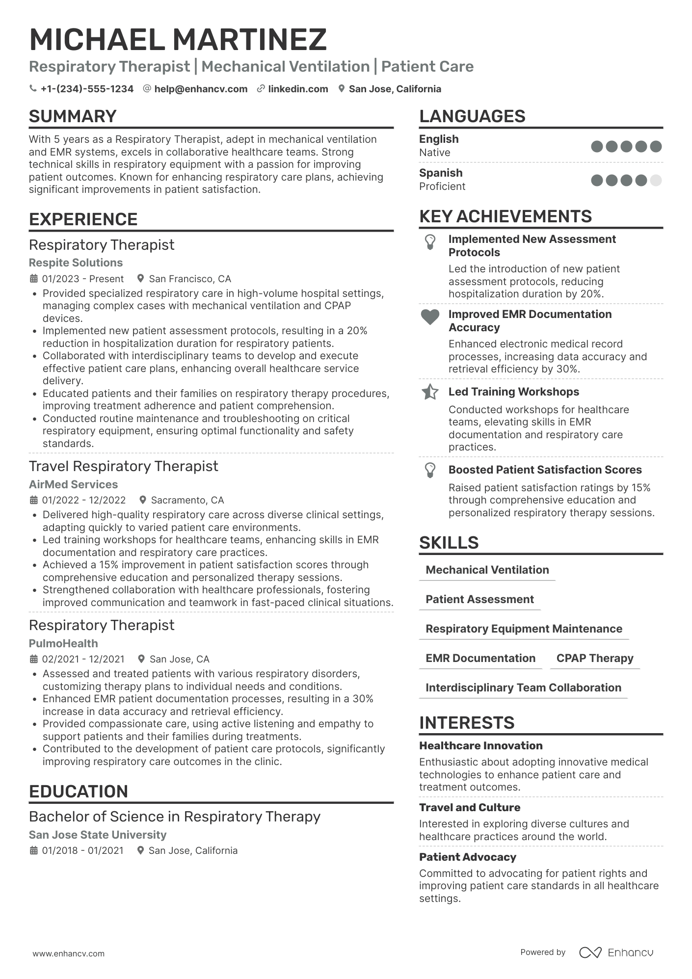 A resume example of a Travel Respiratory Therapist